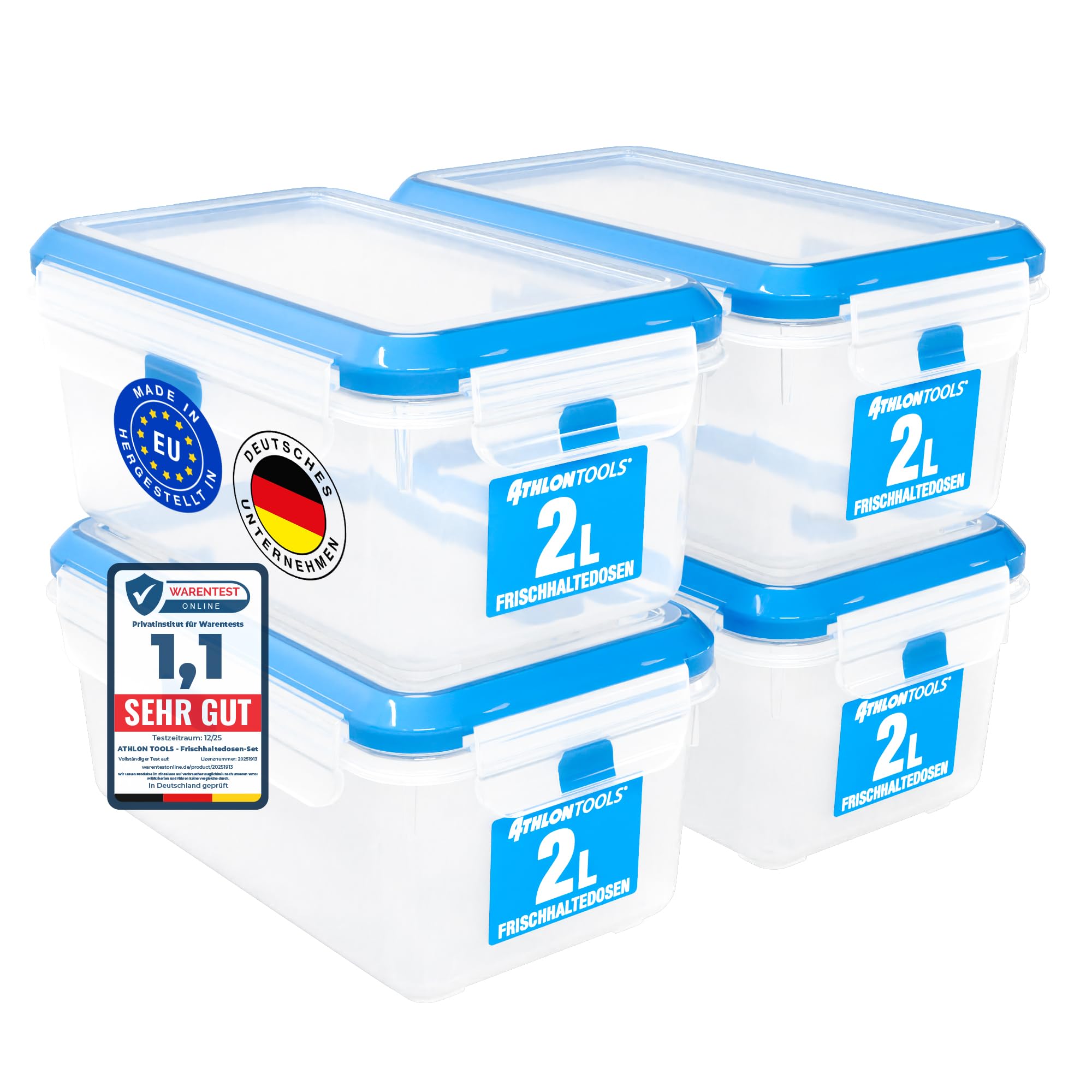 ATHLON TOOLS 4x 2L Frischhaltedosen-Set in Gastro-Qualität - 100% luftdicht und auslaufsicher -40 bis +100 Grad - für alle Lebensmittel - BPA-frei - Vorratsdosen für Kühlschrank [MADE IN EU]