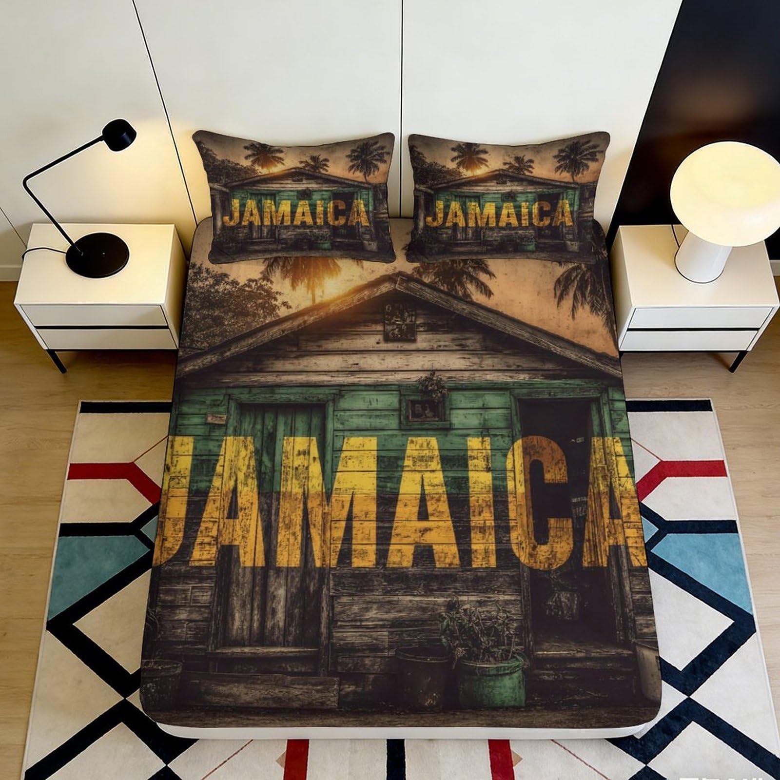 3D Printed Jamaica Vintage House Fitted Sheet Microfiber Durable Breathable Rustic Style Bed Cover for Bedroom Dorm Guest Room Protection 90x200x25cm
