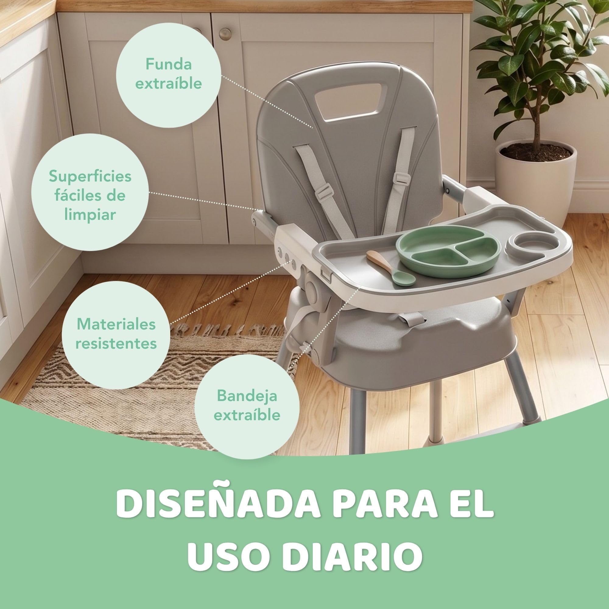 Tronas De Bebe 3 En 1 Con Kit Vajilla de Silicona – Silla Bebe Comer Con Asiento Acolchado - Trona Bebe Plegable Fácil De Limpiar, Montaje Rápido, Estabilidad