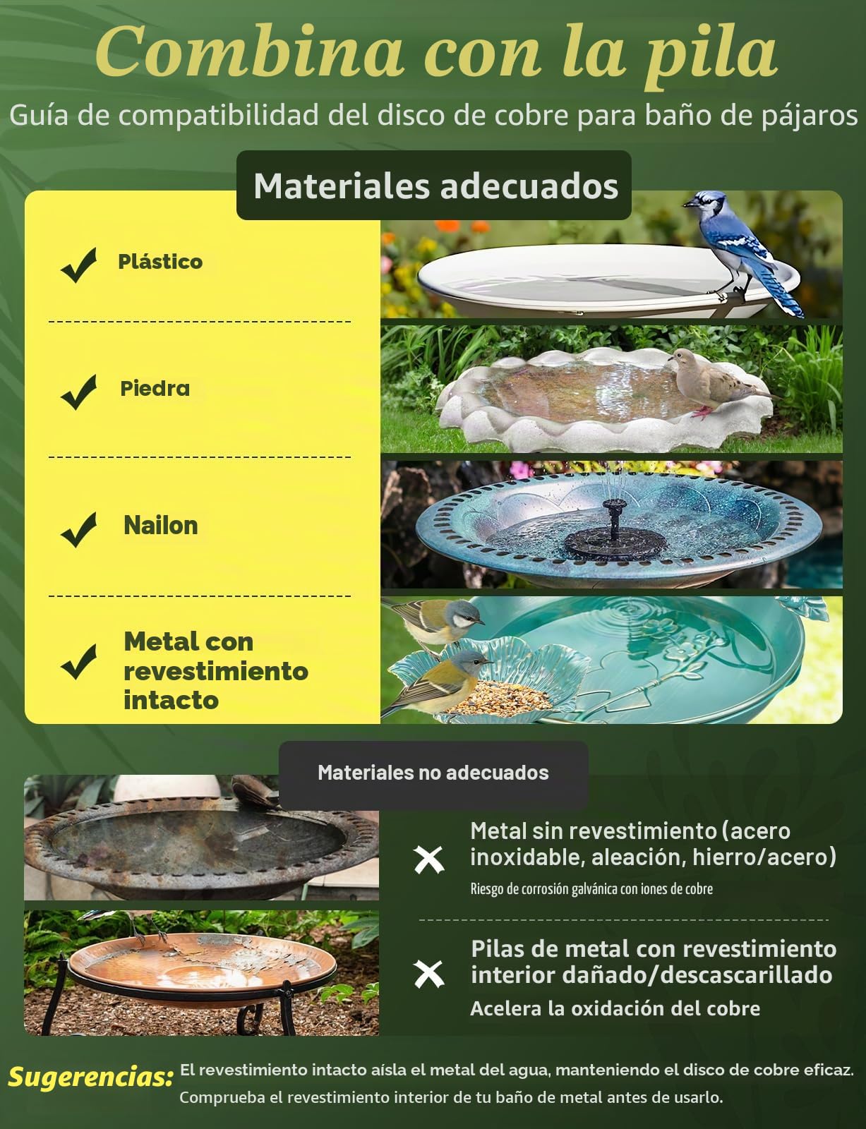 Mellbree Disco de cobre puro para baño de pájaros, limpiador de baño de pájaros de 0,6 mm, mantiene el agua física segura y limpia para todas las estaciones, apto para baños y cuencos al aire libre