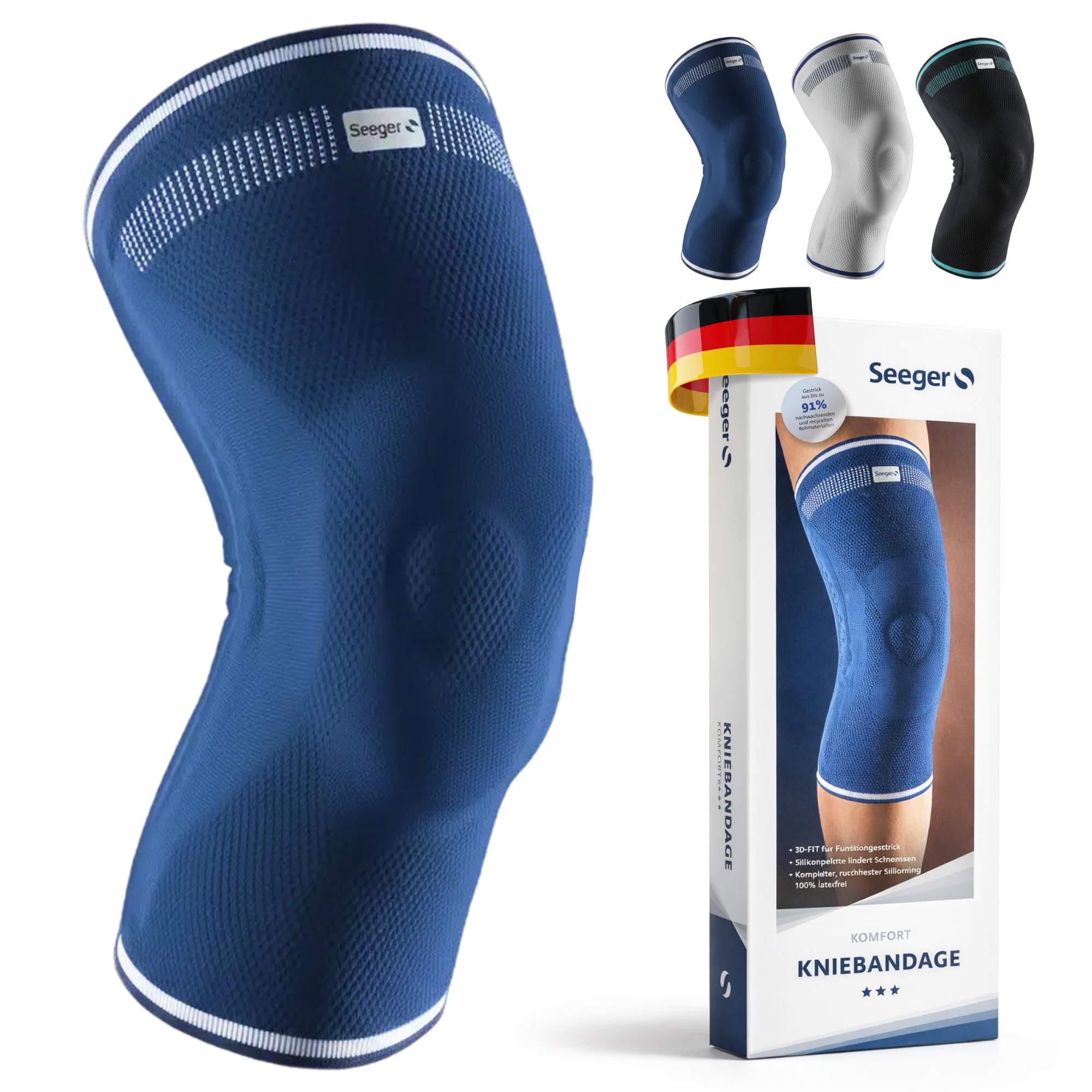 Seeger Kniebandage Komfort – Kompressionsbandage zur Stabilisierung & Schmerzlinderung bei Knieproblemen – mit Silikonpelotte & Spiralstäben – für Männer & Frauen, Sport & Alltag (Blau, 6)