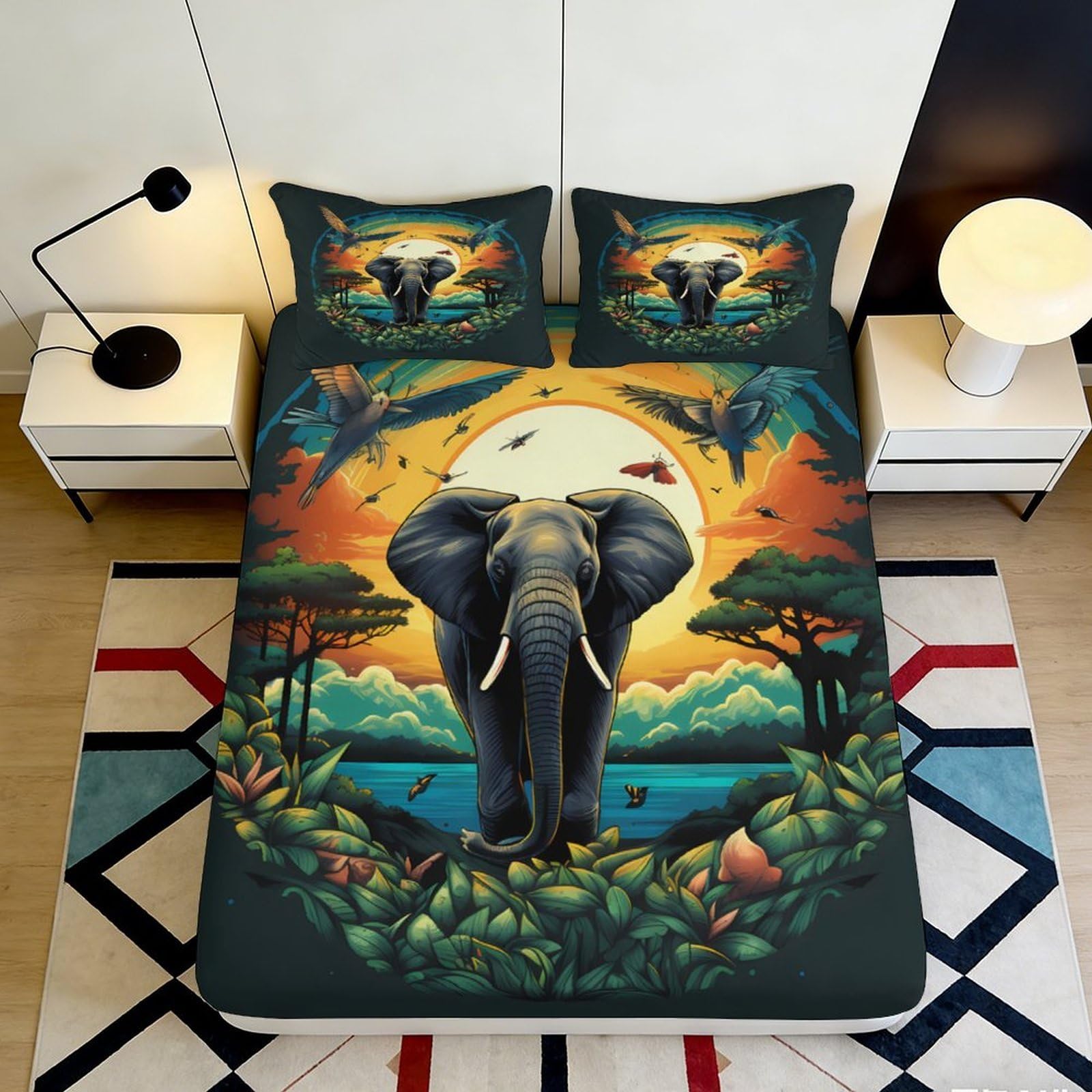 3D Printed Sunset Elephant Fitted Sheet Microfiber Soft Safari Forest Mattress Cover for Bedroom Guest Room Decor 140x200x25cm