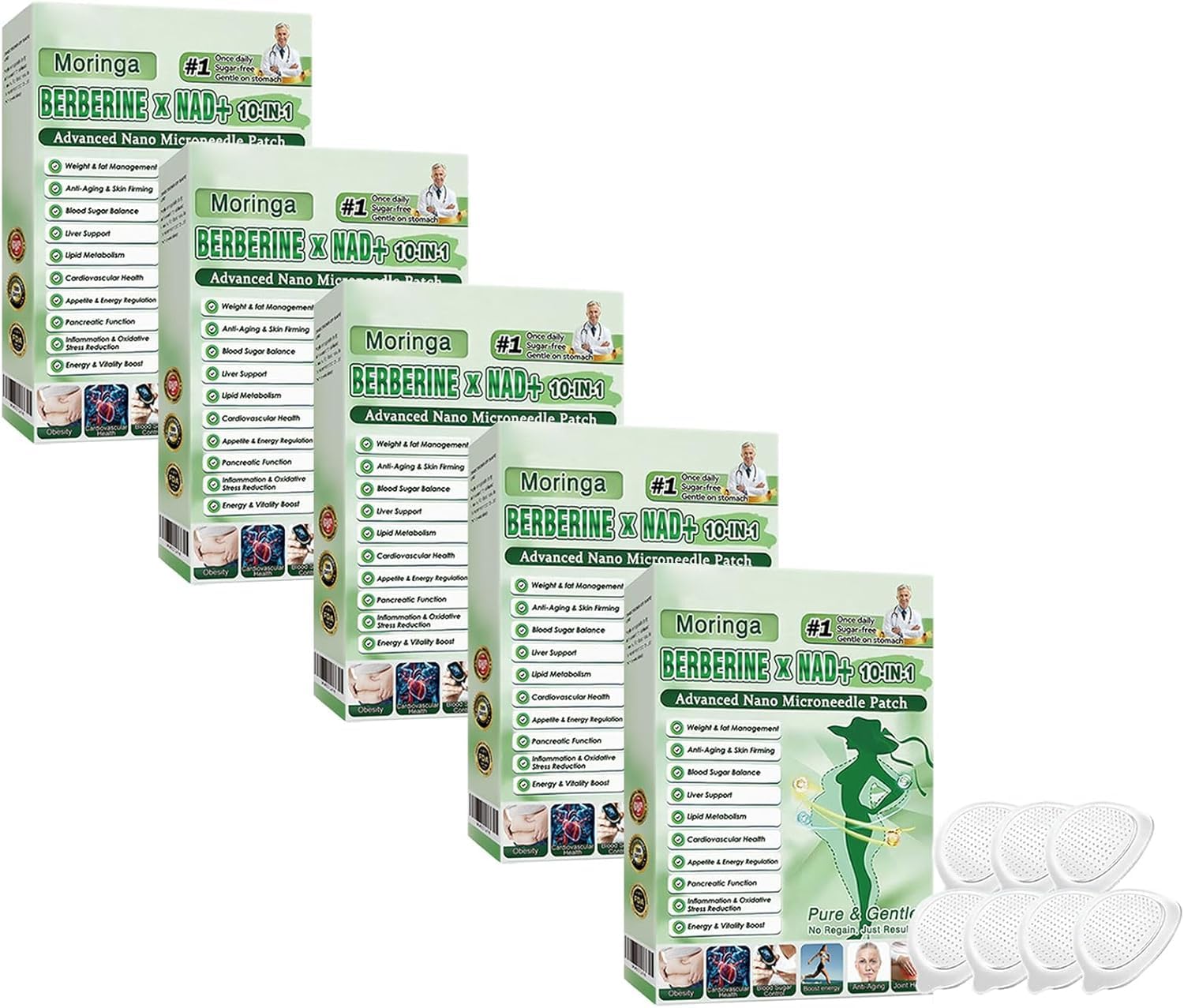 Moringa X Berberine X NAD Patches,Advanced Nano Microneedle Slimming Patches, Natural Ingredients, Easy to Apply, Invisible Under Clothing, Ideal for Men and Women (4 Boxes)