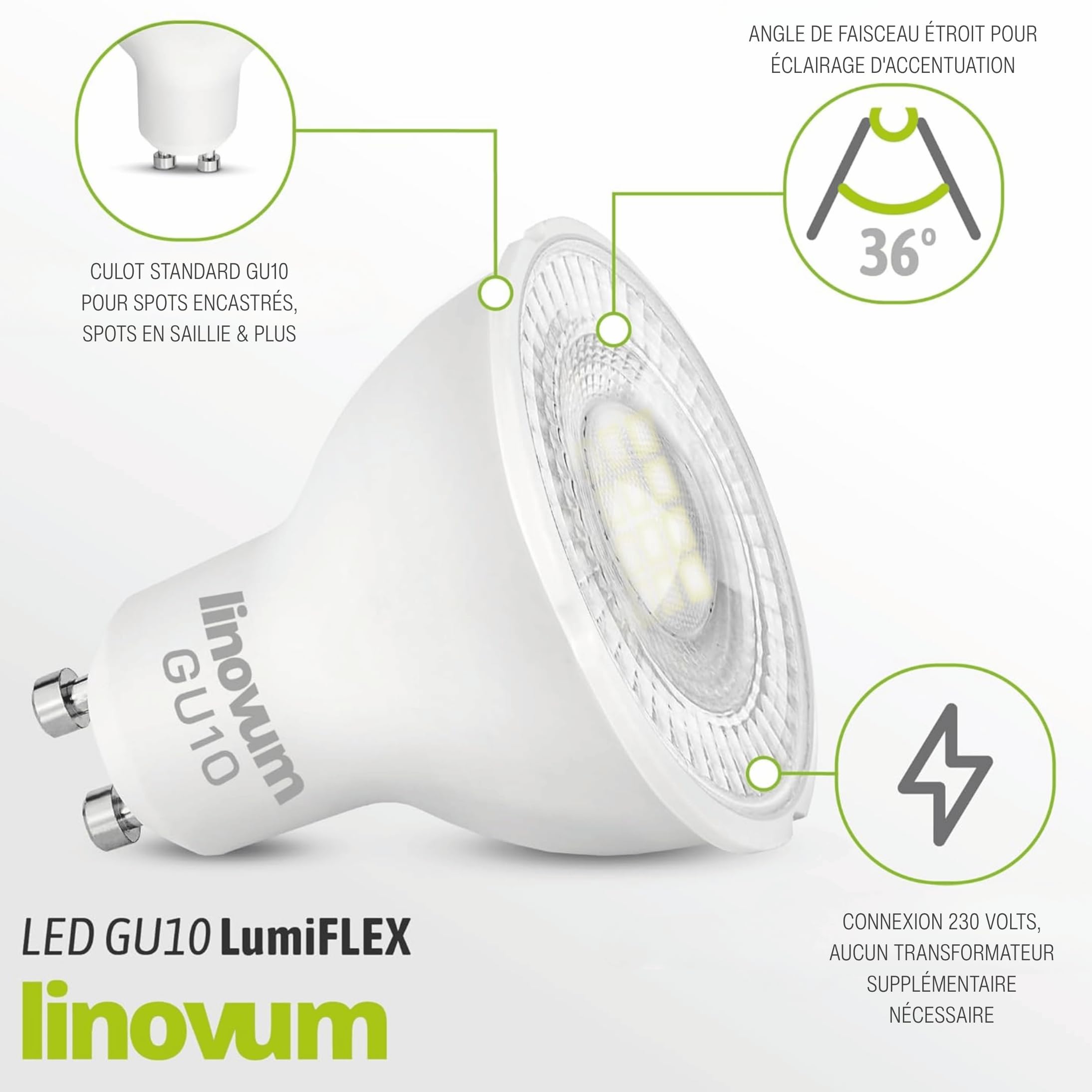 linovum SSC-LUXon LumiFLEX GU10 6W dimmable - lot de 10 ampoules led | Se remplace en un geste, sans outil ni application, pour un confort lumineux immédiat et des économies d'énergie durables.
