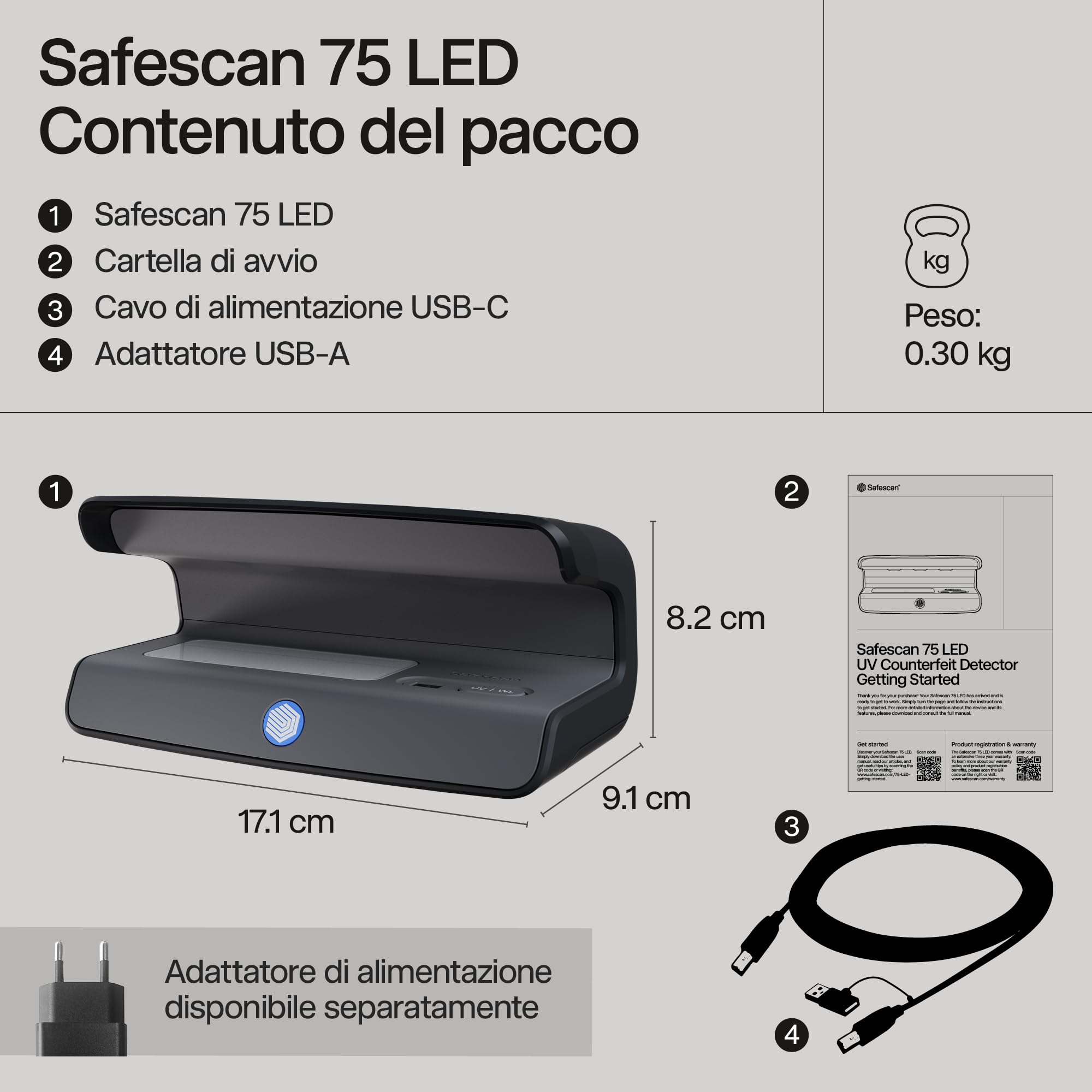 Safescan 75 LED Verifica banconote false con luce UV ultra-luminosa e bianca - Controlla banconote false, carte di credito, documenti d'identità - Tripla rilevazione - Controllo banconote false UV