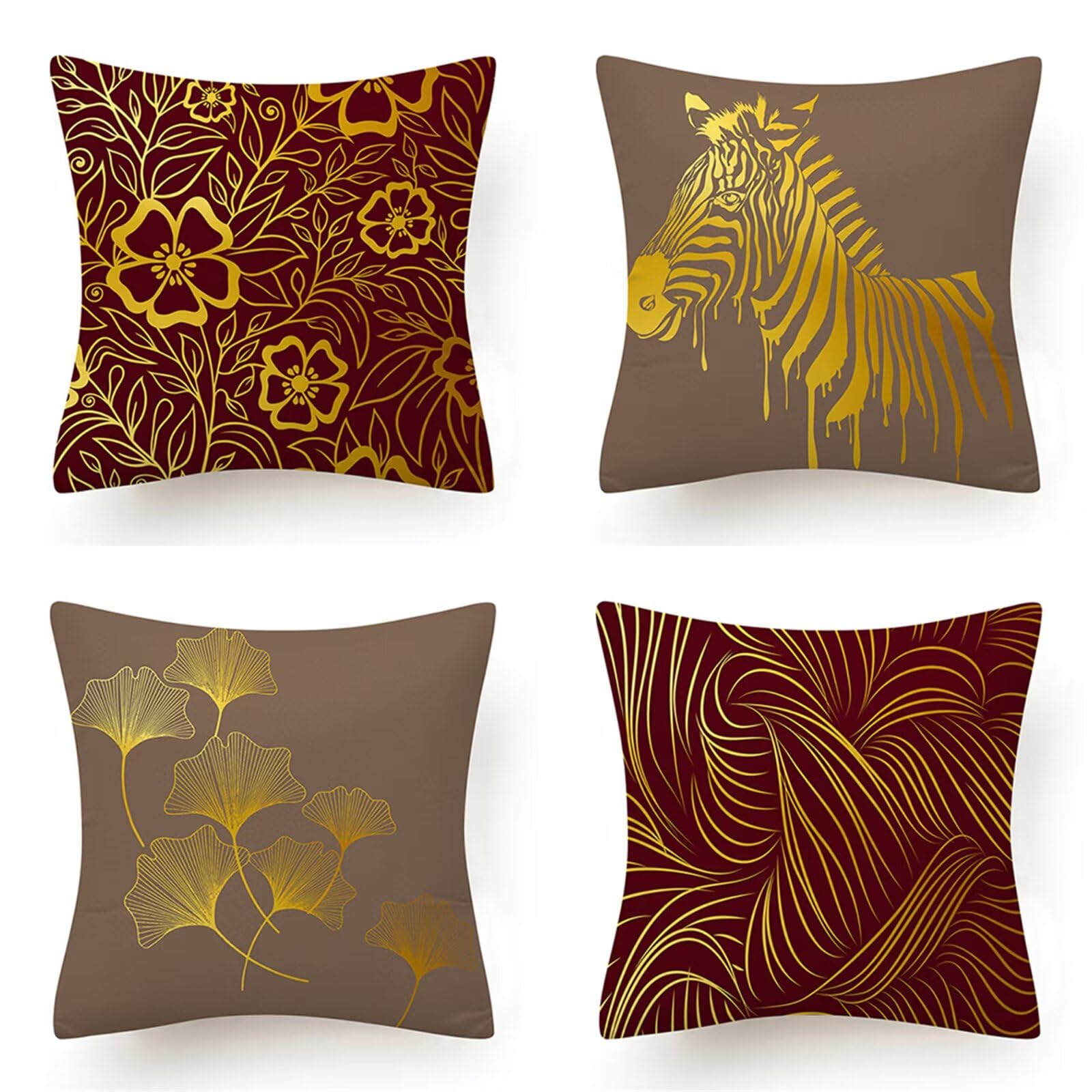 Juego de 4 Impermeable Funda de Cojín Cebra Dorada,65x65cm Moderno Suave Transpirables Lino Fundas de Almohada Cojines Decorativos con Cremallera Oculta para Exterior Sofá Cama Coche Hogar