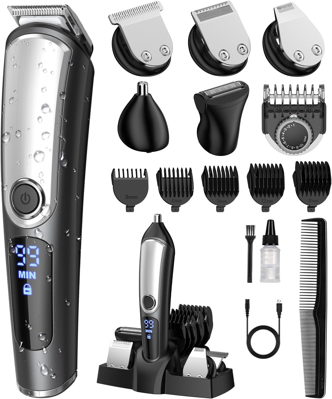 Beard Trimmer for Men, Electric Razor Shavers for Men, Cordless Rechargeable Waterproof Grooming Kit for Shaving Face, Mustache Nose Body Hair Trimmer Clipper, LED Display, Gifts for Him