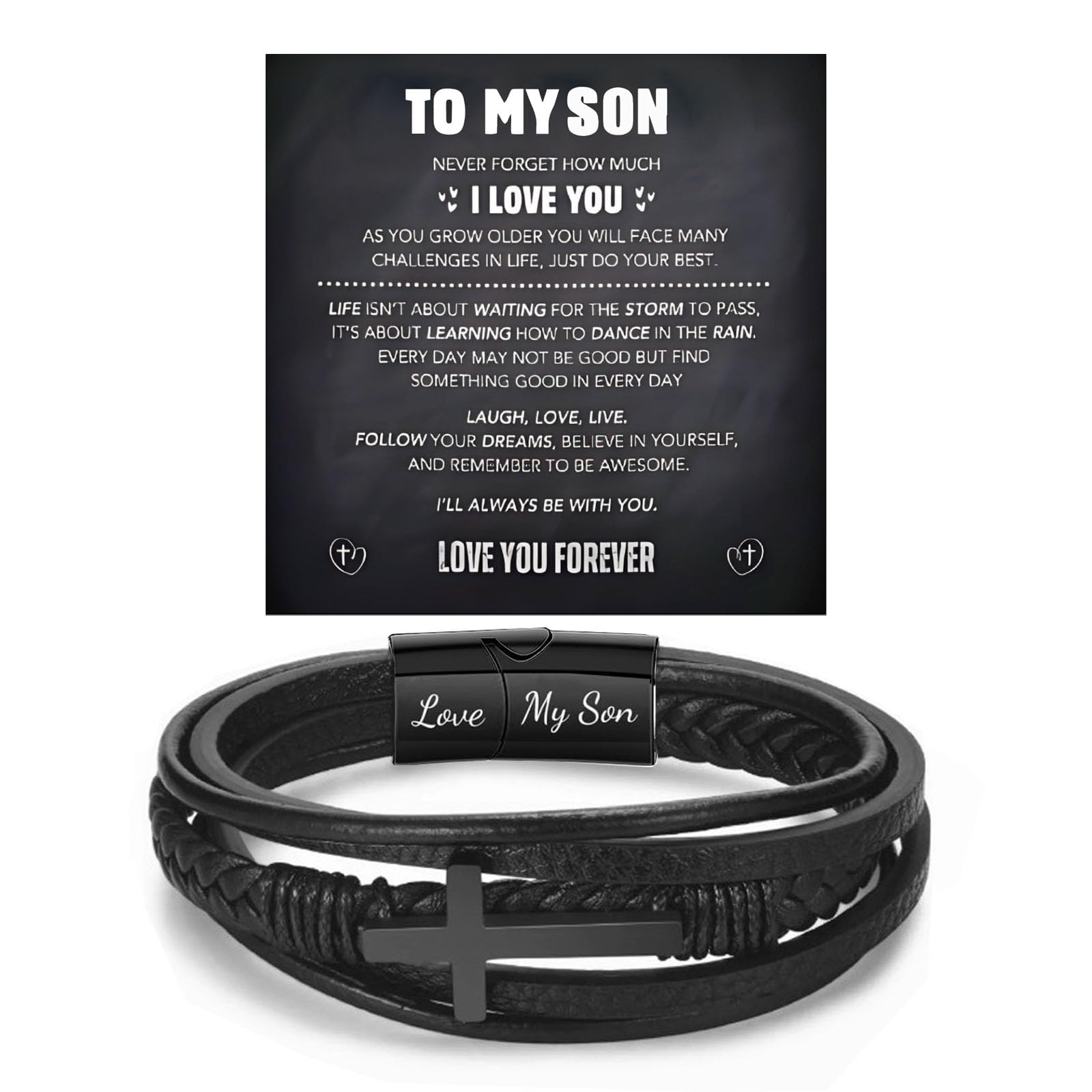 BlingNook Son's Infinity Knot Bracelet, To My Son Infinity Knot Leather Bracelet From Mom Forever Linked Together Bracelets for My Son Stainless Steel