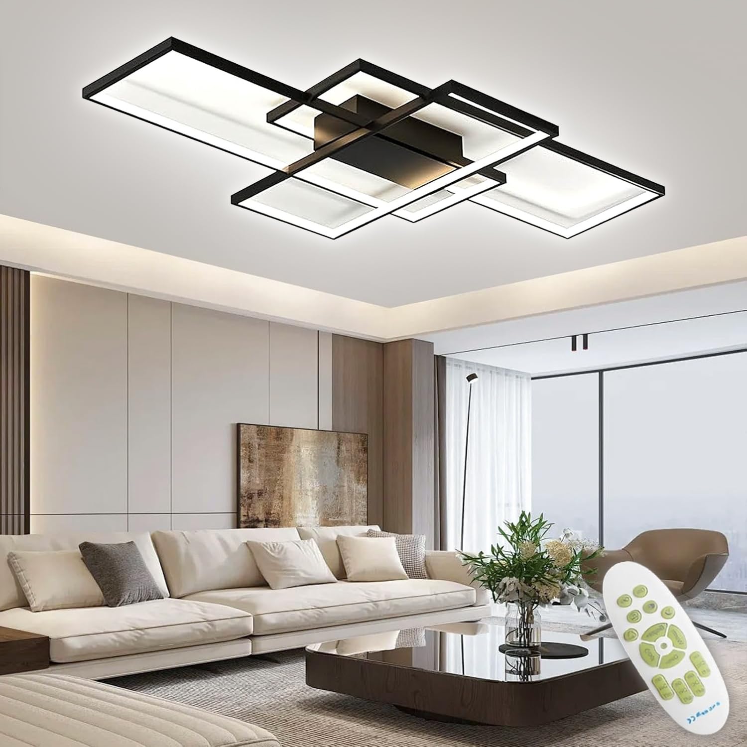 TYJY LED Deckenleuchte 70W Dimmbar Deckenlampe Wohnzimmer, Moderne Rechteckige Wohnzimmerlampe mit Fernbedienung, 3000K-6000K, Deckenbeleuchtung Lampe für Schlafzimmer Wohnzimmer (90cm, Schwarz)