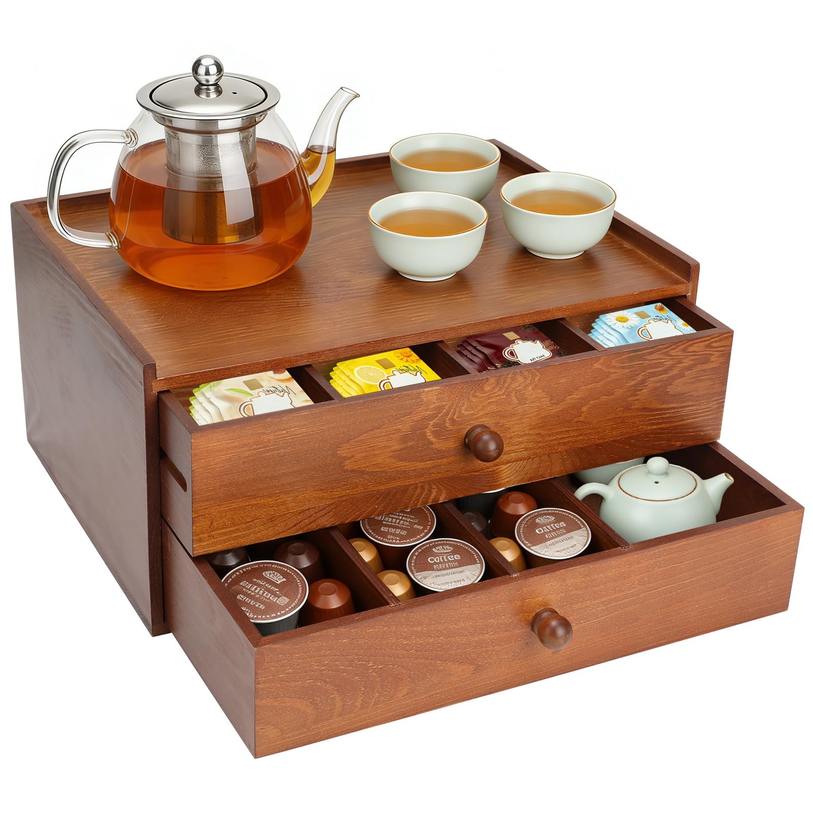 Photo 1 of Jbnausoy Acacia Wood Tea Bag Organizer, Double-Drawer Tea Chest