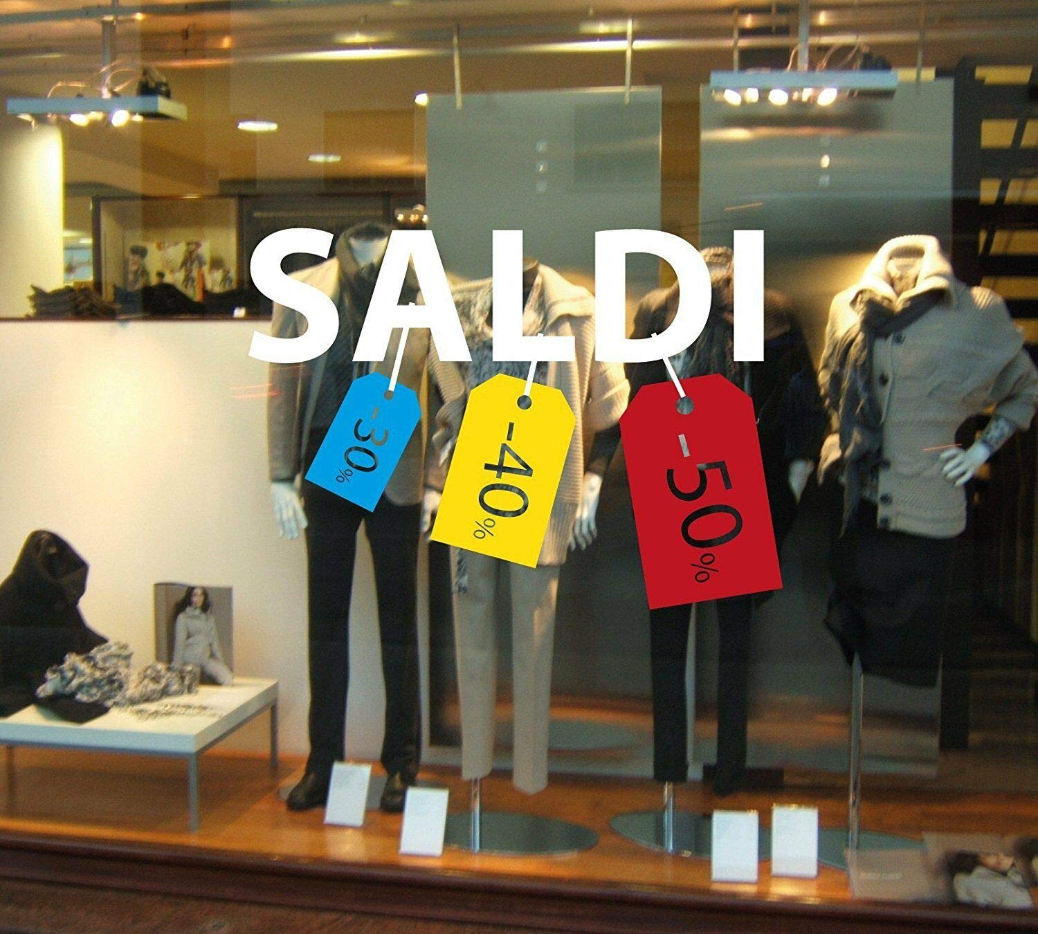 Vetrofanie Saldi SCONTI - Scritta Saldi - Decorazioni Saldi sconti - Fuori Tutto, Saldi vetrine Negozi, Stickers cartellini sconti (116x80 cm.)
