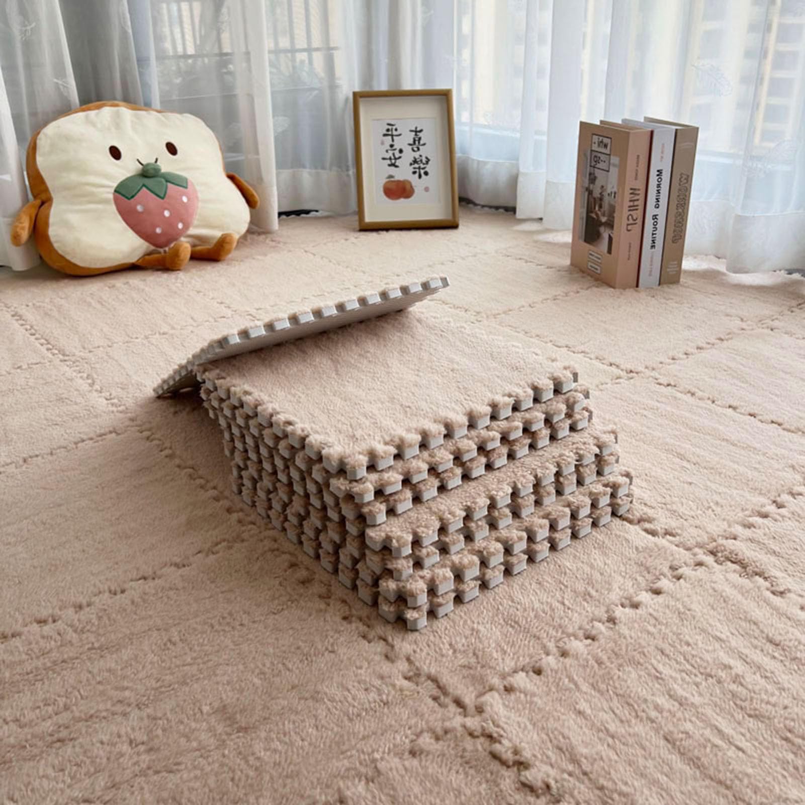 Splice Interlocking Carpet 5 Pezzi Tappetino Interlocking, Tappeto Puzzle Quadrato Morbido, Tappetino Piastrelle Morbido e Soffice, Sala Giochi, Tappeti Camera da Letto T,Apricot