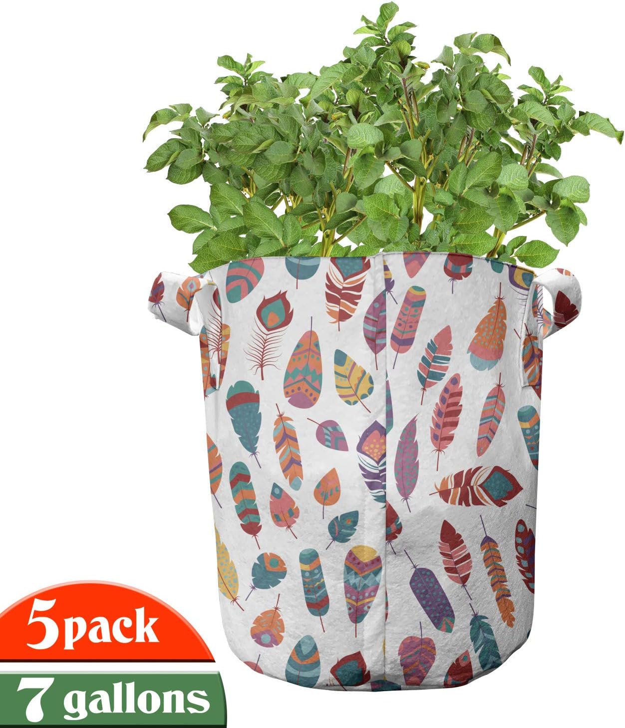 Lunarable Feather Grow Bags 5-Pack, Boho Vintage Retro Motifs, Heavyduty Fabric Pots with Handles for Plants, Multicolor