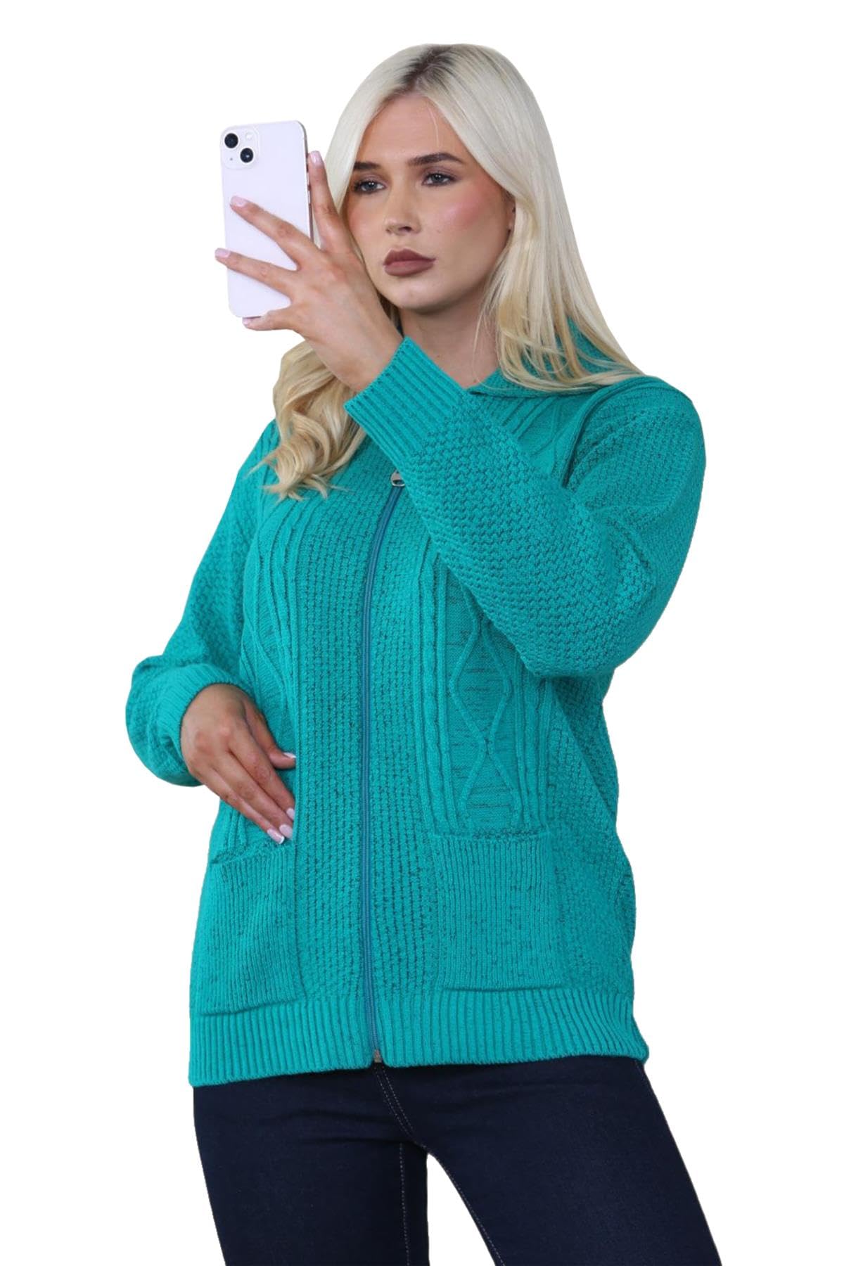 WICKEDFASHIONS123 Women’s Cable Knitted Collared Sweater Front Pocketed Ladies Cardigan Long Sleeves Winter Wear Zipper Cardigan Classy Knitwear Plus Size Sweater Jade Green/UK 20-22