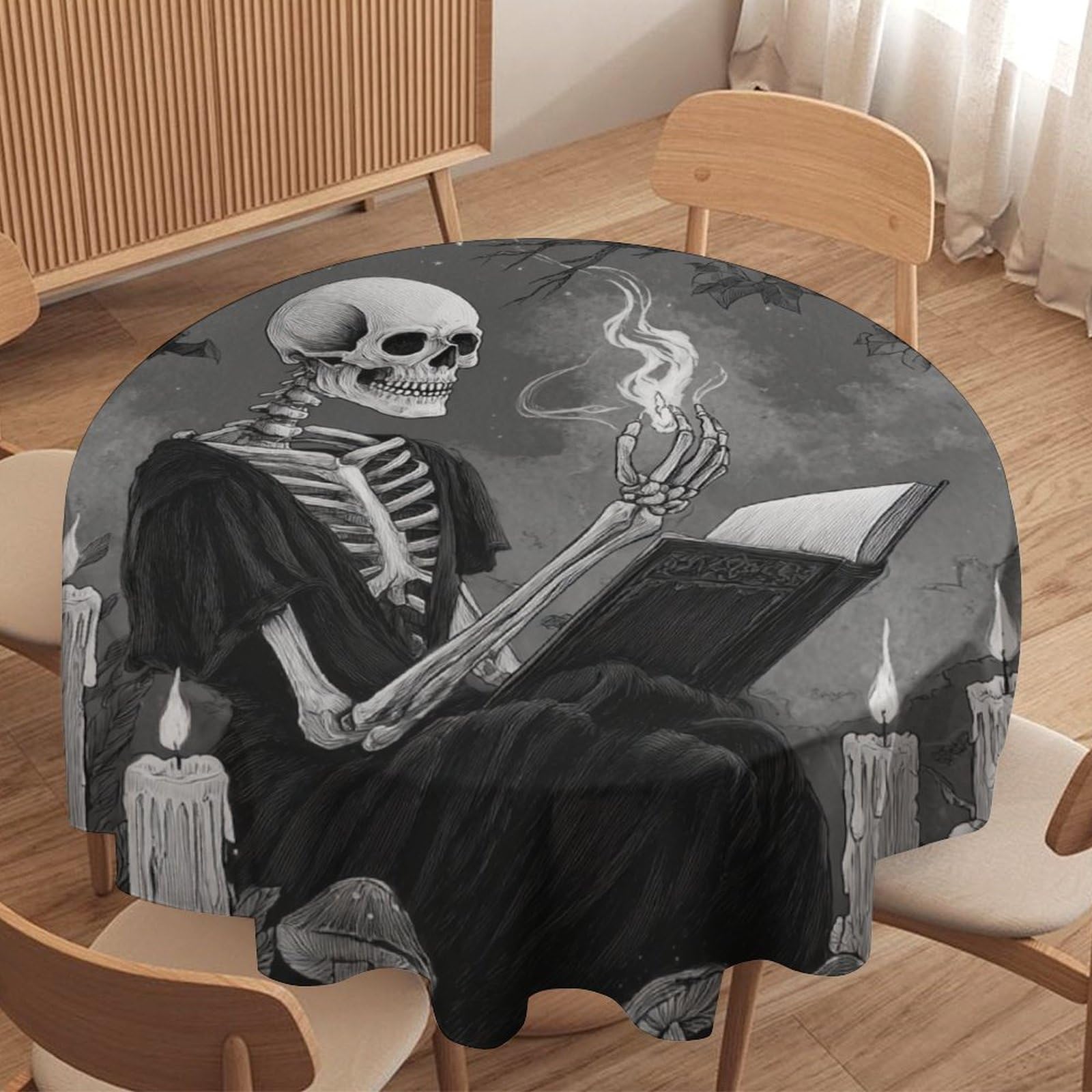 LUYYSKY Fantasy Classic Gothic Skeleton Waterproof Round Tablecloth Abstract Watercolor Halloween Animal Owl Bats Horror Skull Washable Table Cover for Kitchen-127 Wx127 L cm