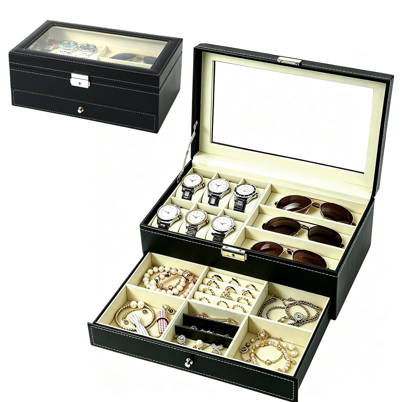 Boîte à Bijoux pour Montres, 6 Emplacements pour Montres et 3 Emplacements