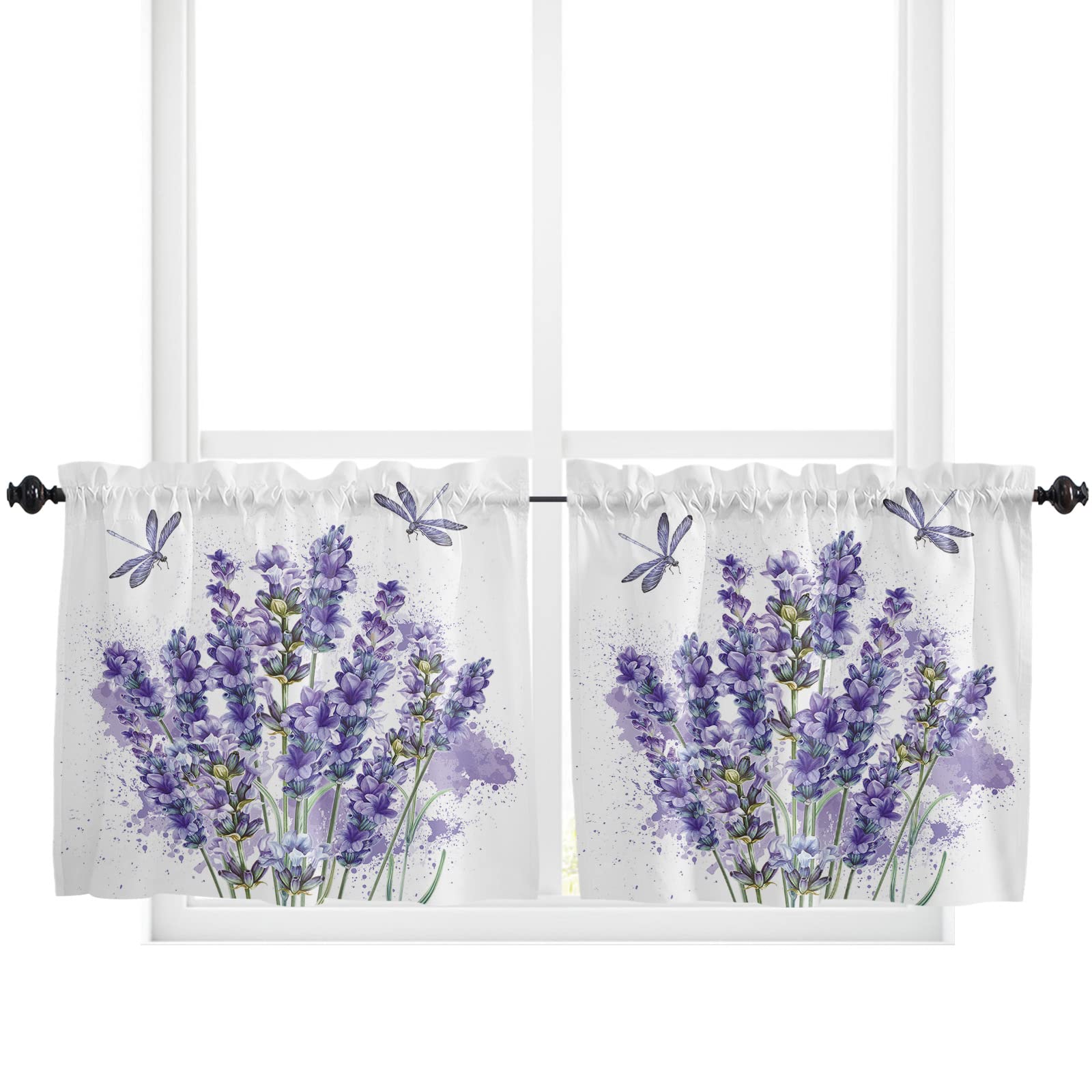 Jolunifun Kitchen Curtain 24 Inch Length, Purple Lavender and Flying Dragonfly Small Short Cafe Tiers Curtains Drape, 2 Panels Window Treatment Rod Pocket Drapery Curtains 55x24