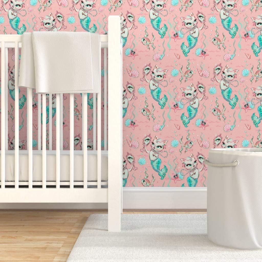 Removable Wallpaper 3ft x 2ft - Merkittens Small Vintage Retro Peach Mermaids Cats Kittens Custom Pre-Pasted Wallpaper by Spoonflower
