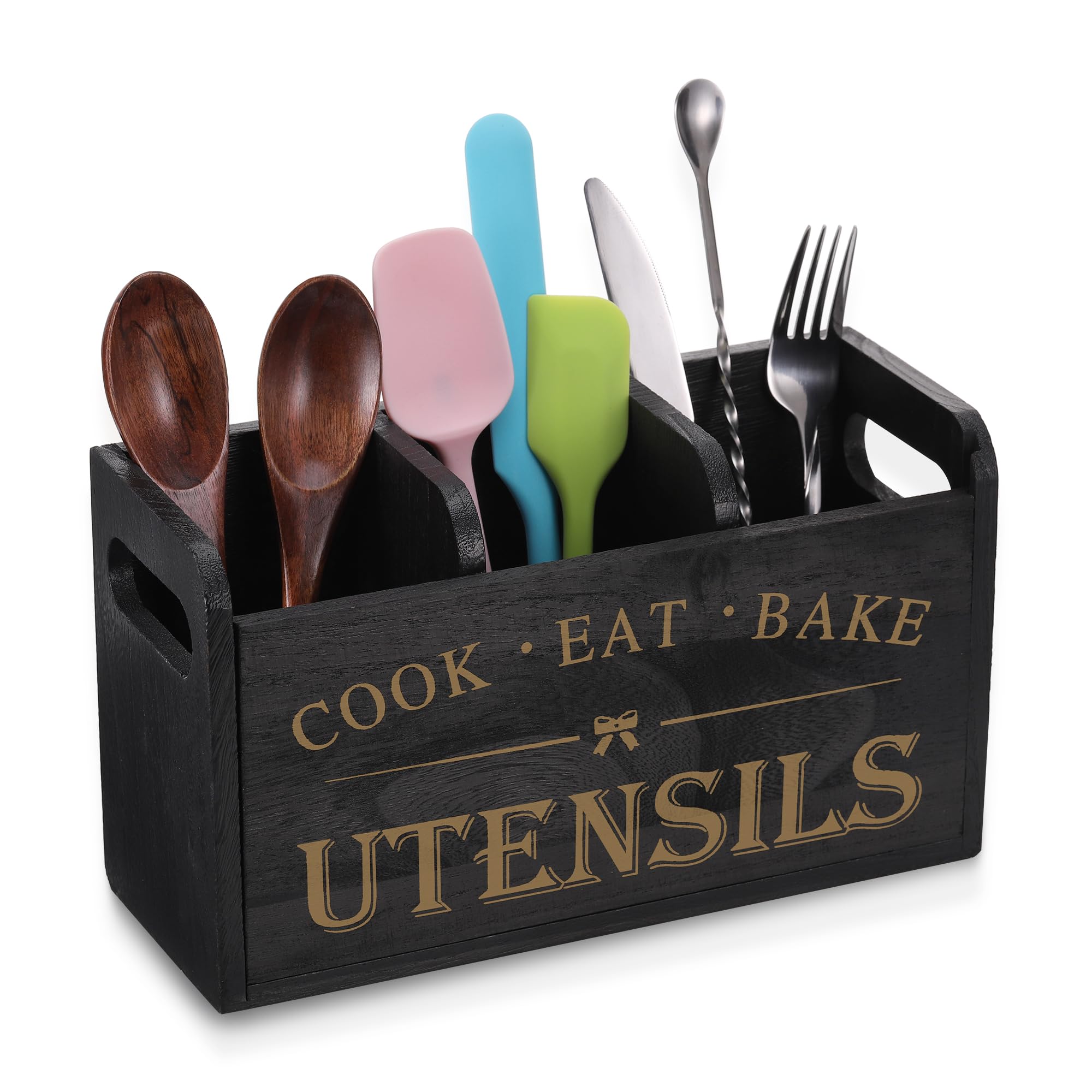 Zocipro Küchen Utensilien Halter aus Holz mit Abflusslöchern, 3 Fächer fester Kitchen Utensilhalter für Küchentheke, Kochwerkzeuge für Bauernhäuser für Arbeitsplatten, Schwarz