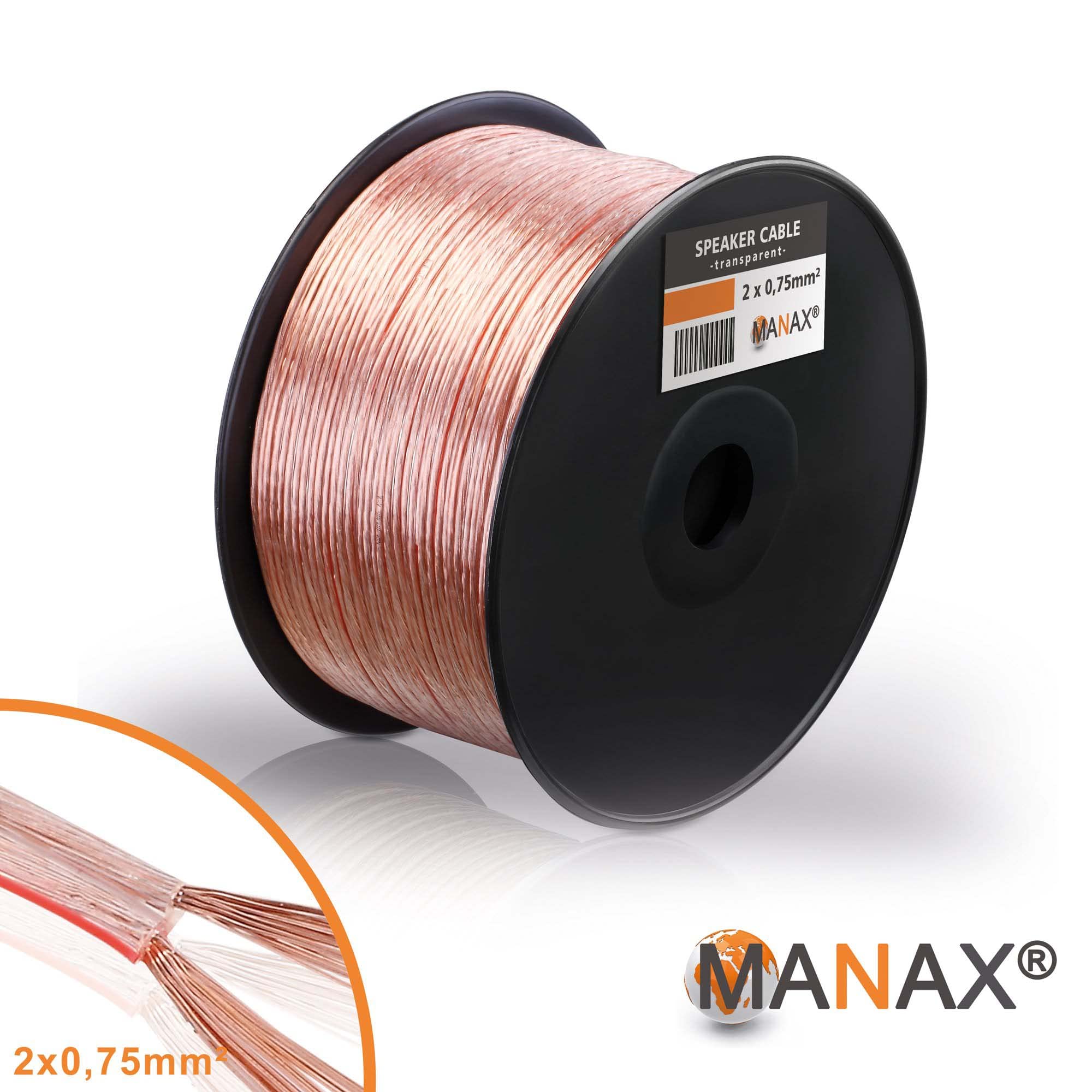 Câble Haut-parleur Manax 2x0,75 Mm² - 100 M, Gaine Transparente, CCA