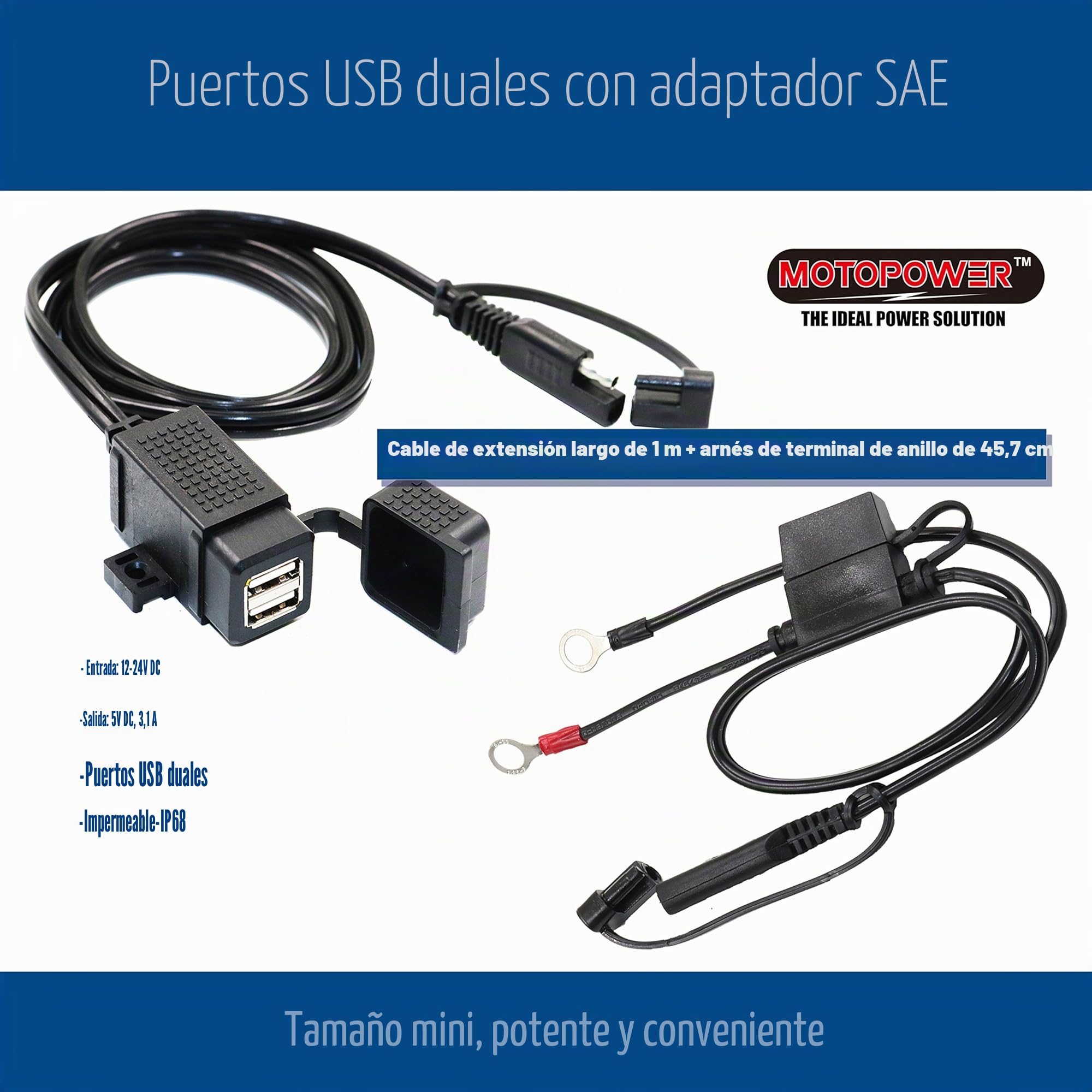 MOTOPOWER MP0609EA - Cargador Doble USB para Motocicleta (3,1 A, Impermeable, con arneses SAE)
