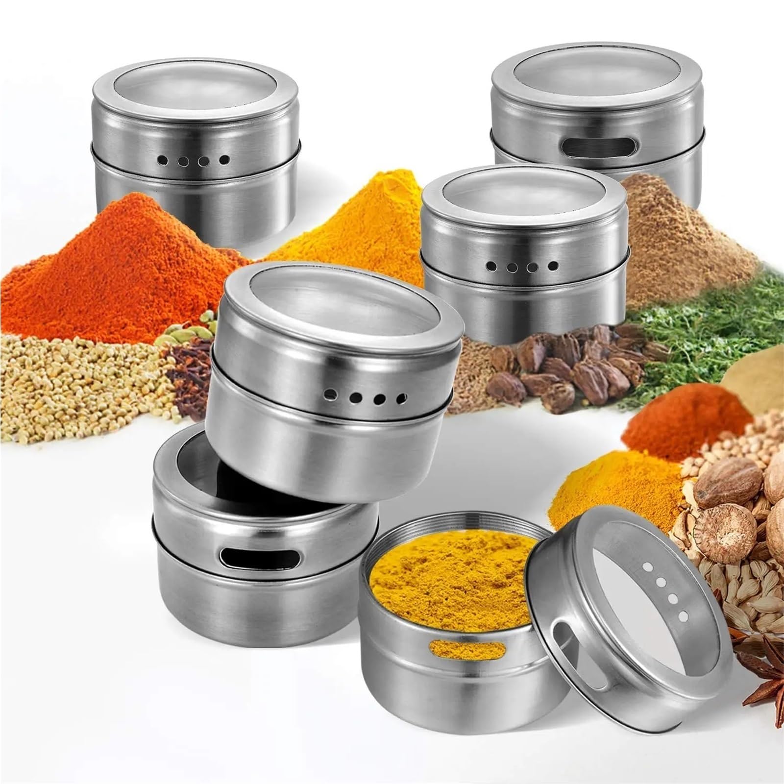 Contenitore per spezie in acciaio inossidabile Spezie magnetiche con barattoli in acciaio inossidabile montati a parete coperchio e piccoli fori for cospargere senza ruggine, facili da pulire(6pcs)