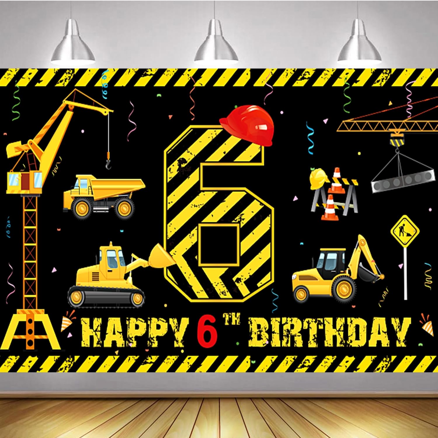 LOONELO Construction Theme Banner 6th Birthday Party Photography Backdrop, Dump Truck Background Decorations, Yellow Black Excavator Crane Digger 6 Years Old Poster Sign