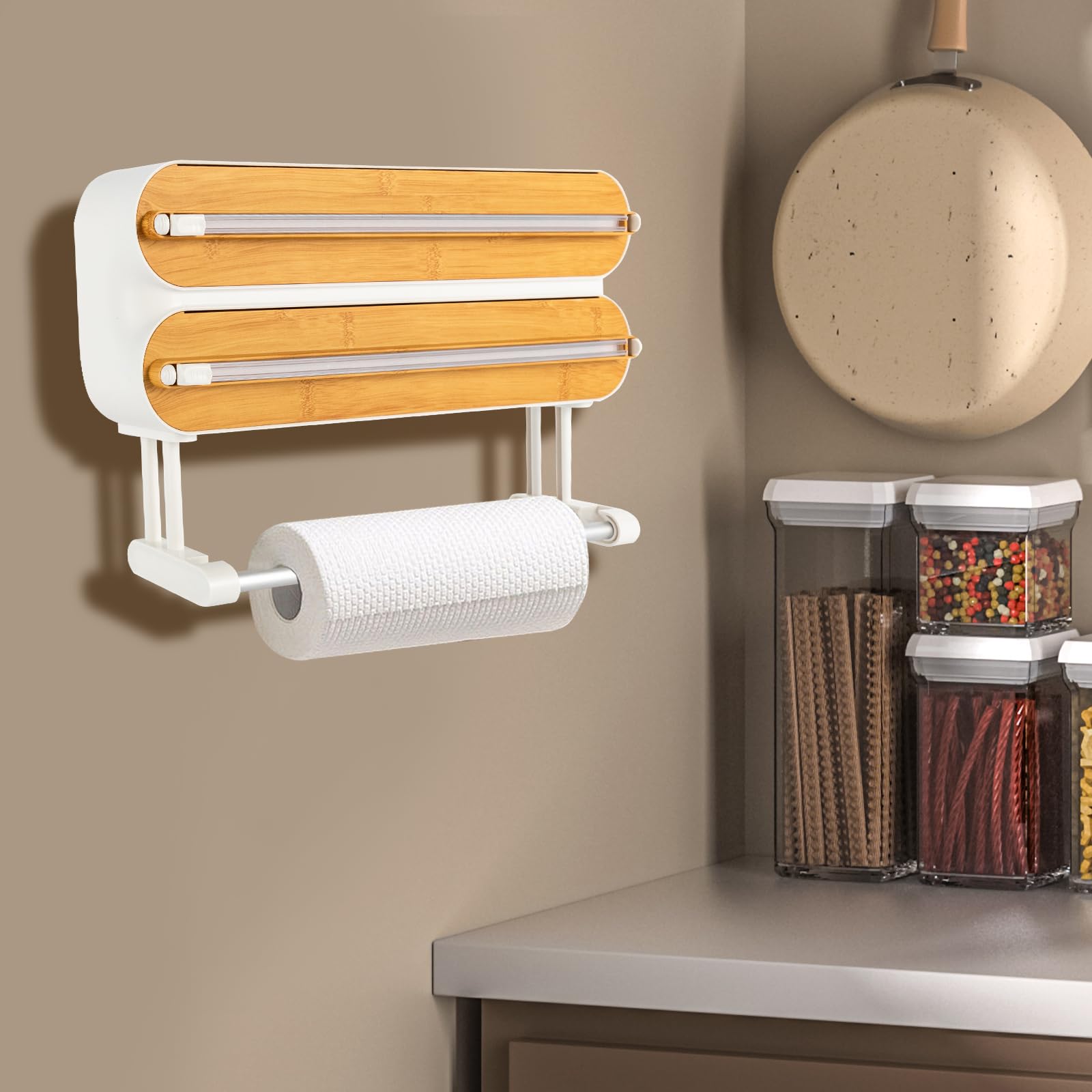 Dispenser 3 In 1 Per Pellicola, Carta Forno E Carta Cucina - Con Taglierino - Magnetico O Ad Adesivo - Salvaspazio - Foto 4