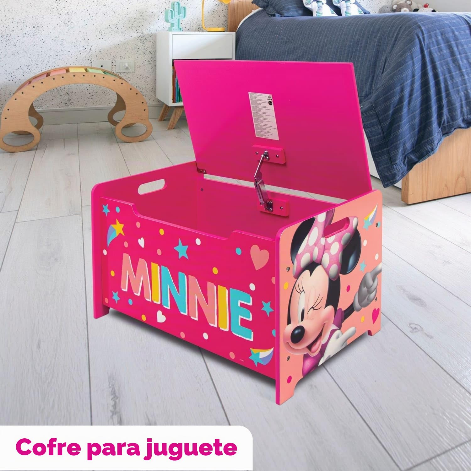 ARDITEX - Banco juguetero de madera de Minnie Mouse Licencia Oficial Disney - 62.5x40x37cm - Color rosa y blanco - Ideal para almacenar juguetes, ropa o cosas en un dormitorio infantil