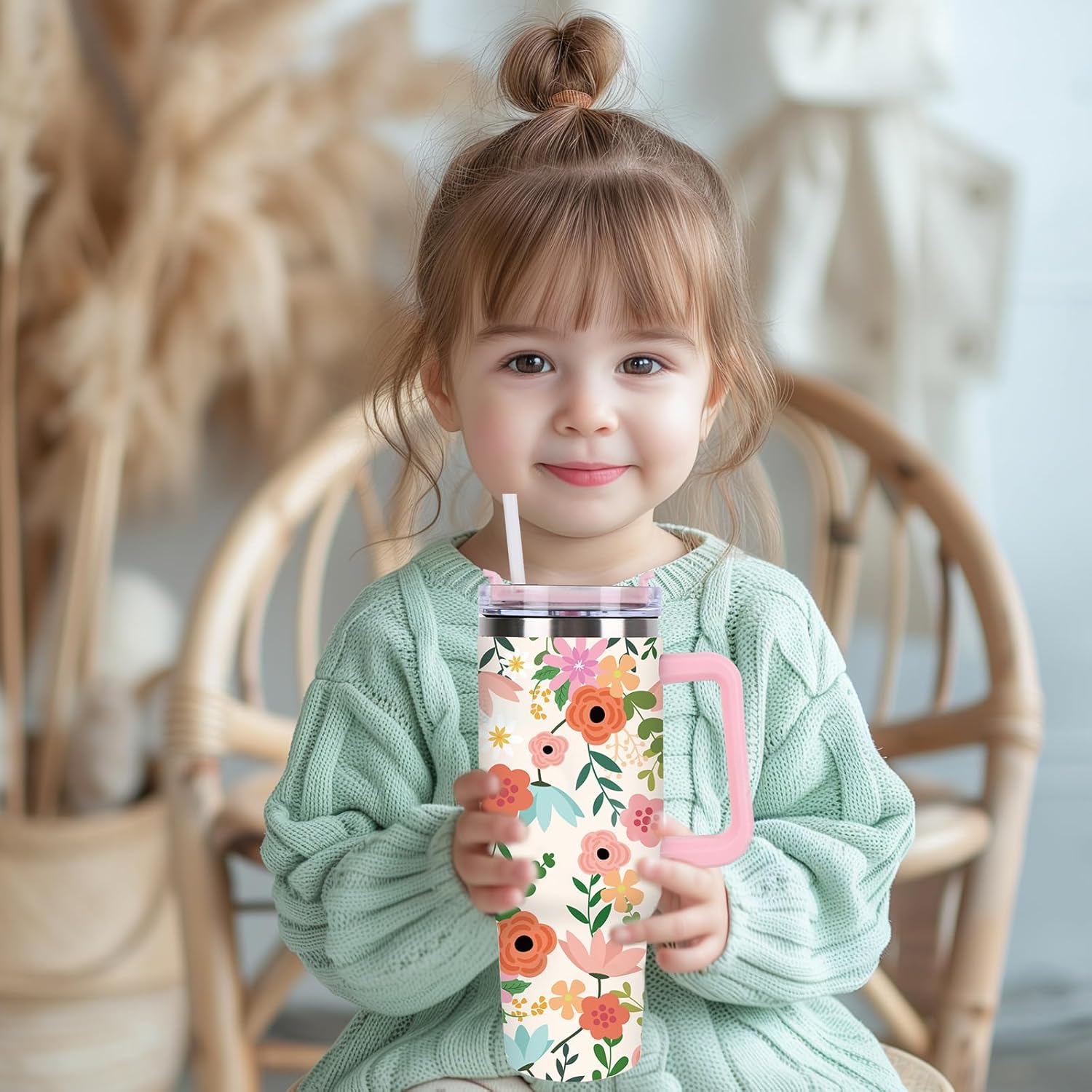 JarThenaAMCS Boho Floral Tumbler with Handle 40oz Spring Colorful Flower Tumbler with Lid Straw Wildflower Stainless Steel Cup for Christmas Home Office Travel - Image 7