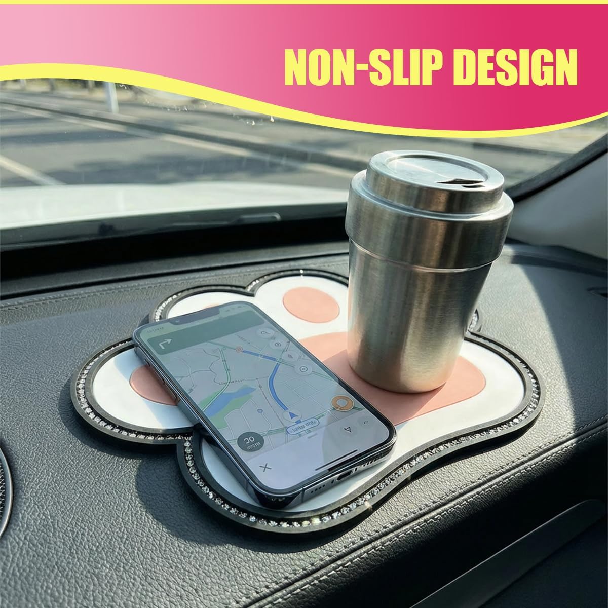 Bling Bear Claw Car Dashboard Non Slip Mat, Rhinestone Car Dashboard Grip Pad, Vehicle Strong Sticky Pads for Cell Phone, Sunglass, Key, Glass, Electronic Devices (Pink)