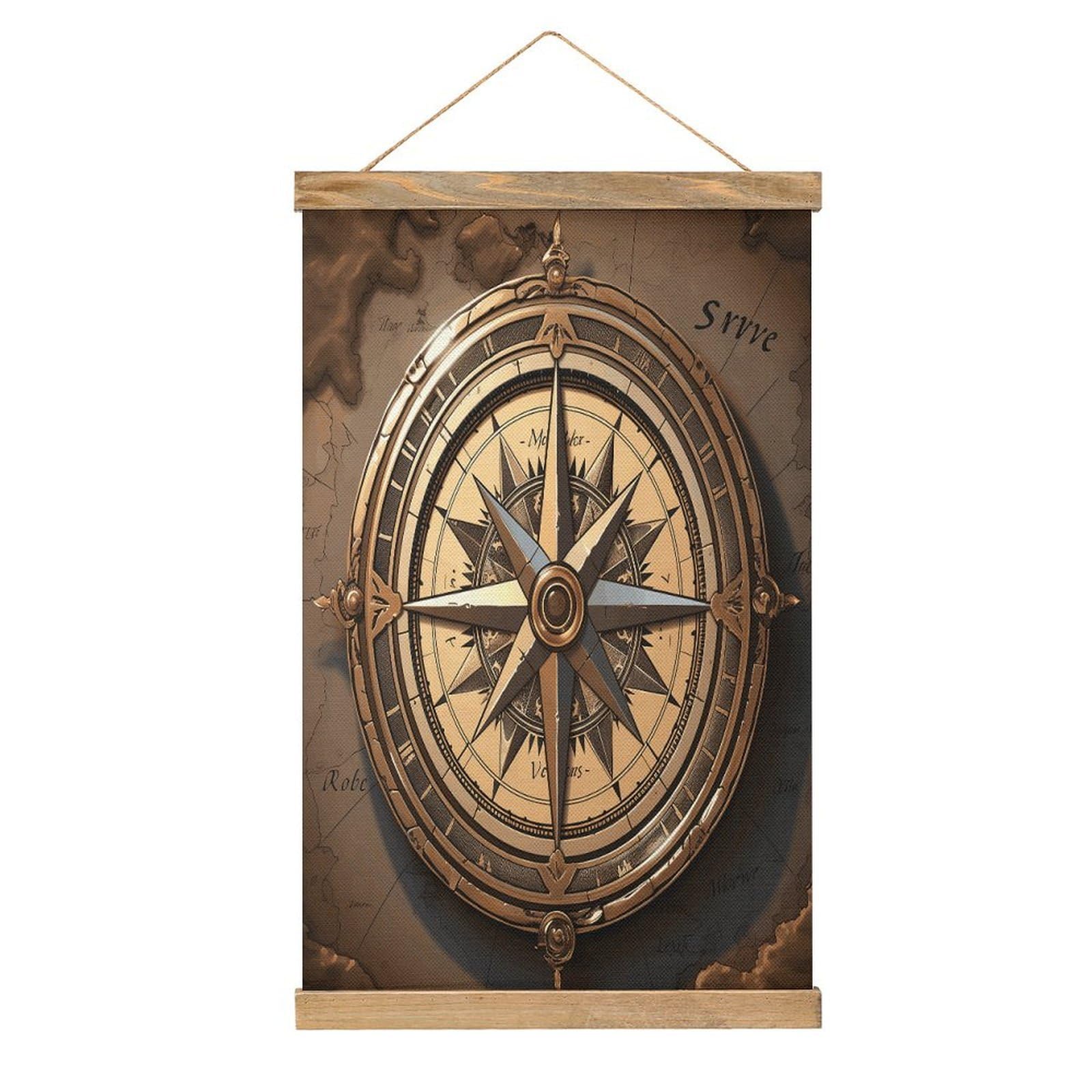 VstaDank Compass Wind Road Map Hanging Poster with Wooden Frame Modern Linen Hanging Painting Retro Style Wall Decor Art Painting for Living Room,Bedroom Decor Poster Frame 20.4x13.1inch