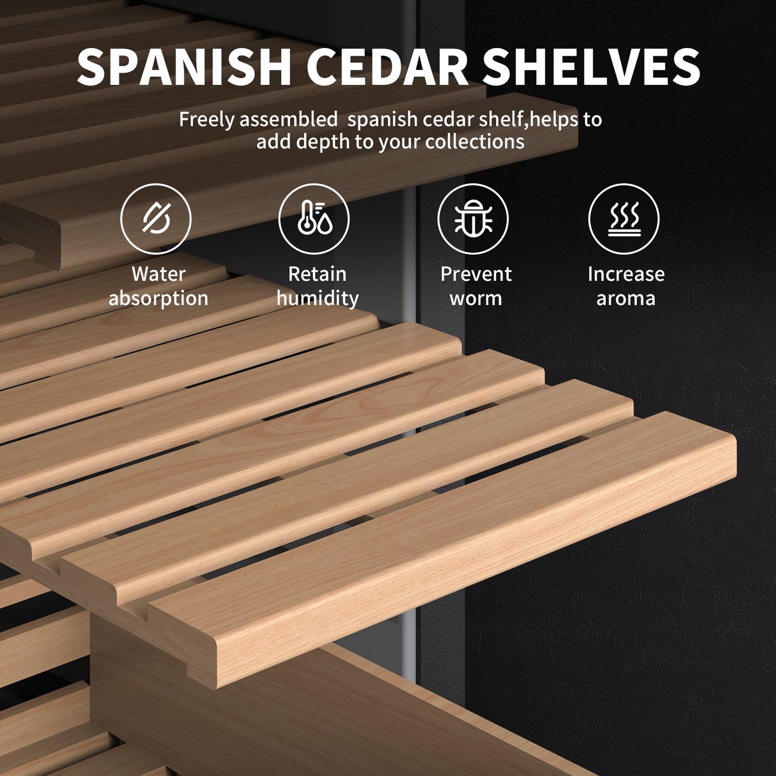 NEEDONE Armoire de 150 unités avec système de contrôle électrique de la température de chauffage et de refroidissement, fabriquée avec étagères et tiroir en bois de cèdre espagnol avec hygromètre,