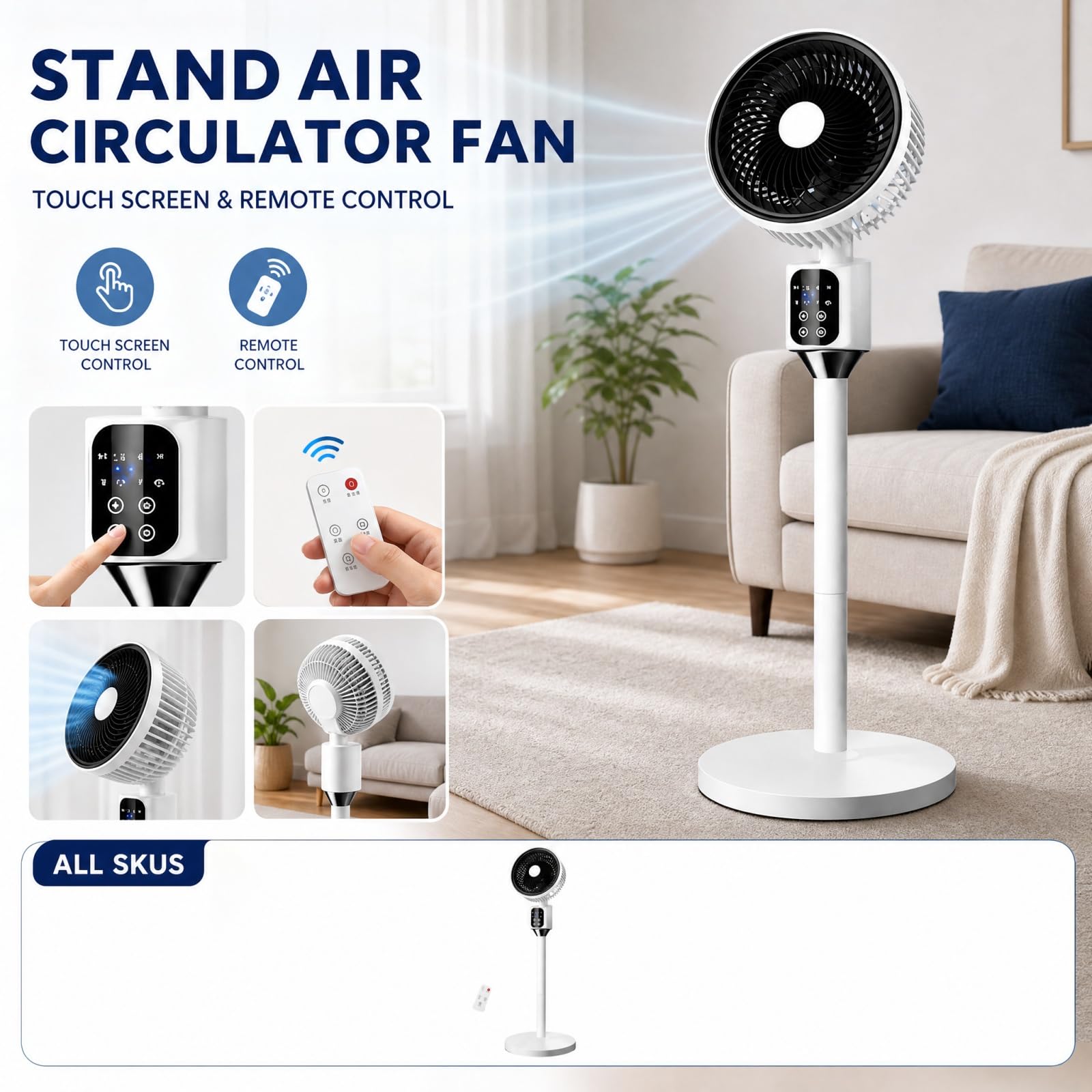 Ventilatore a Colonna Silenzioso, Ventilatore a Circolazione d'Aria a Piantana con Telecomando, Ventilatore 2 in 1 Tavolo e Pavimento, Oscillante 3 Velocità, Timer 7.5h e Modalità Sonno