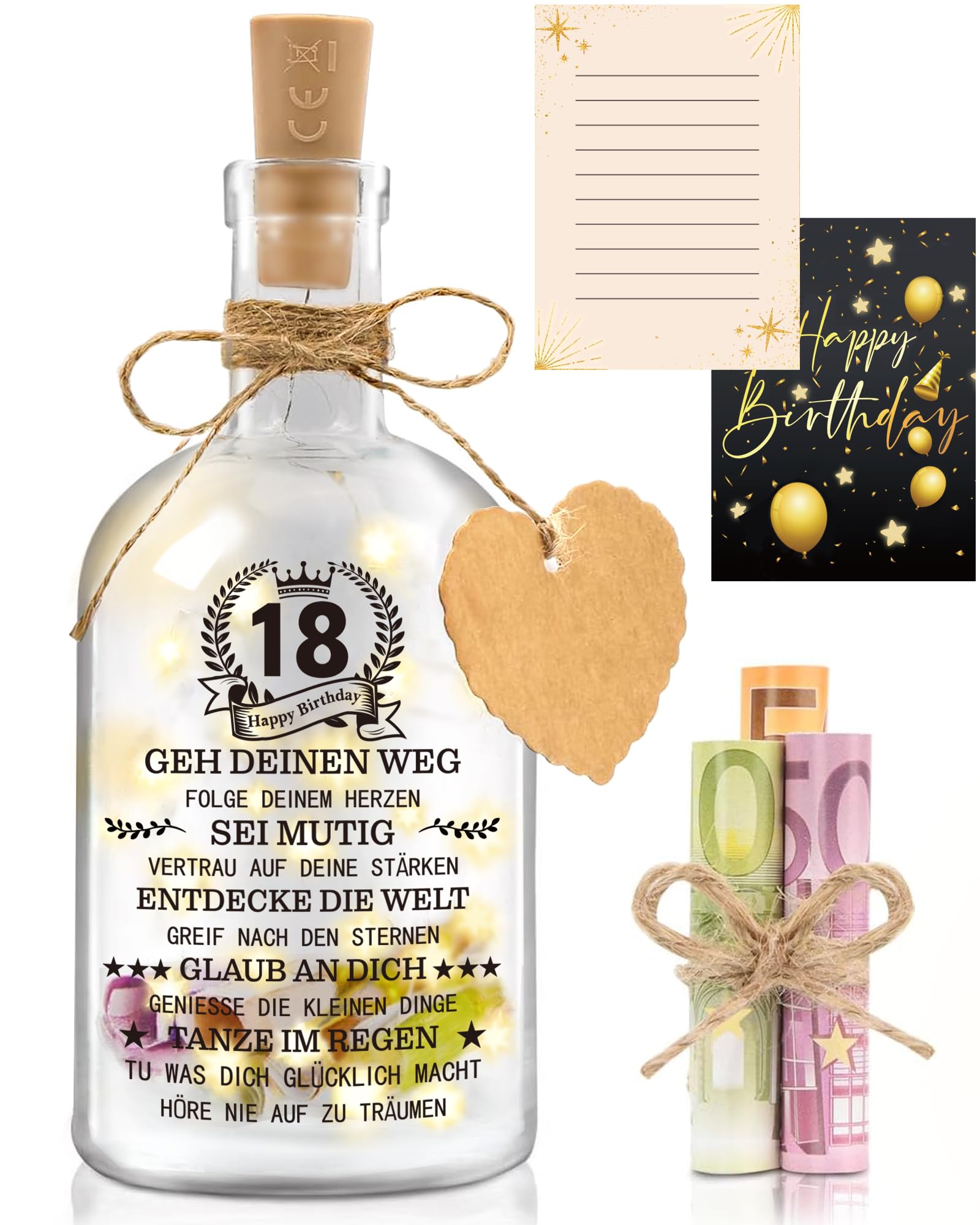 Hiipeefeel Geldgeschenk 18 Geburtstag Junge Mädchen, LED Flaschenlicht, Geldgeschenke Verpackung Geburtstag, 18. Geburtstag für Junge Mann Mädchen Bester Freund Bruder Familie