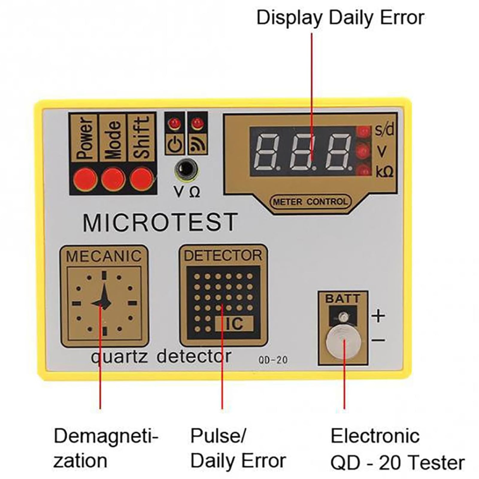 Tester per Movimenti di Orologi al Quarzo QD-20, Cronocomparatore Multifunzione con Display LCD - Smagnetizzatore Integrato e Monitoraggio della Frequenza in Tempo Reale per la Riparazione di Orologi