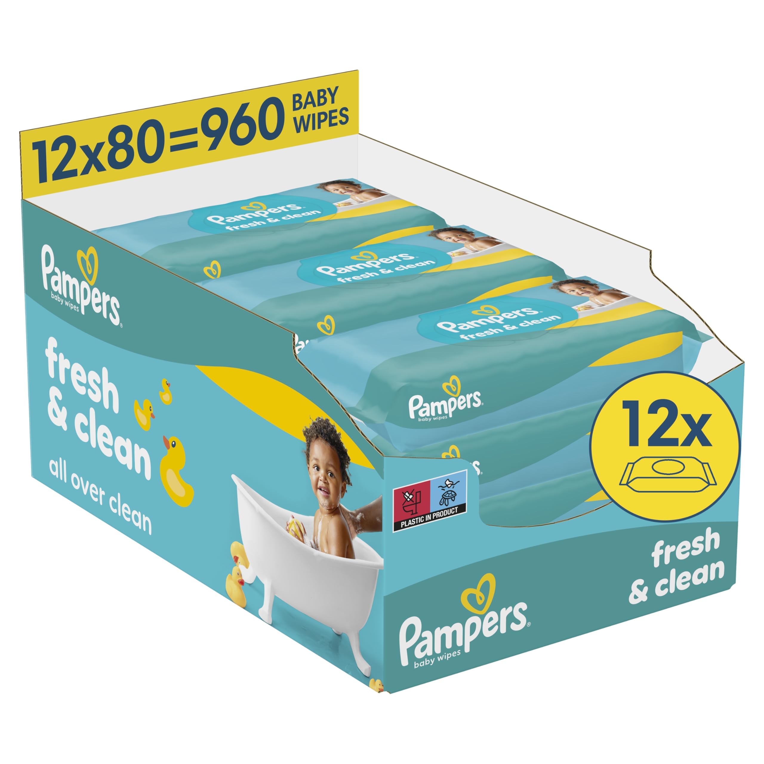 Pampers Fresh Clean Feuchttücher, 12 Packungen mit 80 Stück (960 Stück), zart duftende Reinigung auch für Hände & Gesicht