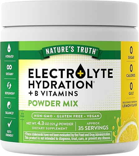 Nature's Truth Electrolitos en polvo  Sin azúcar  con vitaminas B  Sabor refrescante a limón  Suplemento vegano, sin OMG y sin gluten para