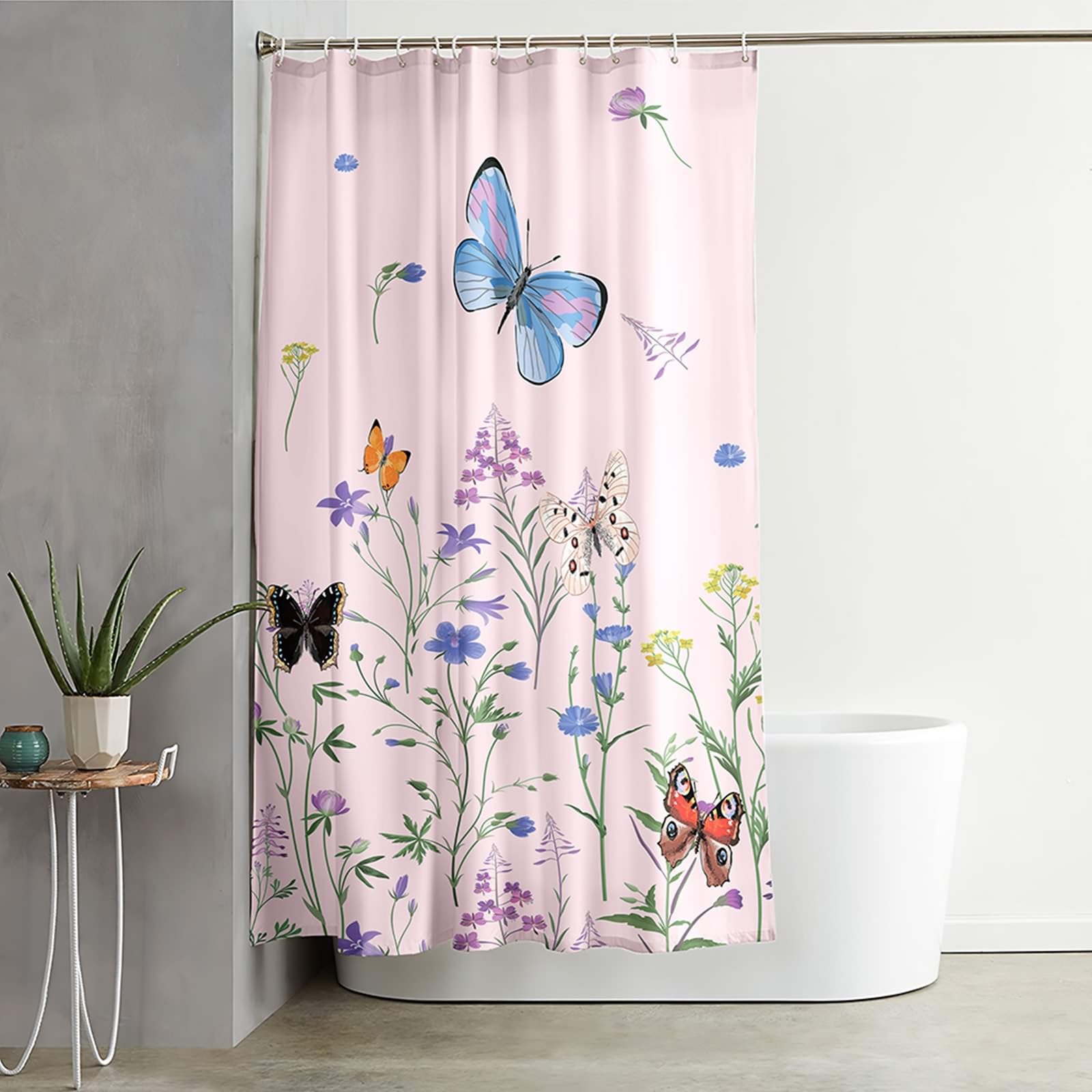 Zasłona prysznicowa z pierścieniami, poliester zielony jasnoróżowy wiosna roślina botaniczna motyl zasłona prysznicowa z Grommets i haczykami, 300 x 200 cm