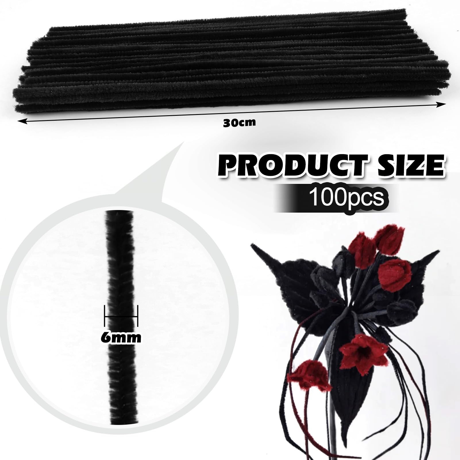 TOAOB 100pcs Fil Chenille Tiges de Fils Chenille Noir Cure Pipes Cleaner Couleurs Assorties Cleaners Crafts Set 6mm x 300mm pour DIY Artisanat Décoration Fournitures Loisirs Creatifs