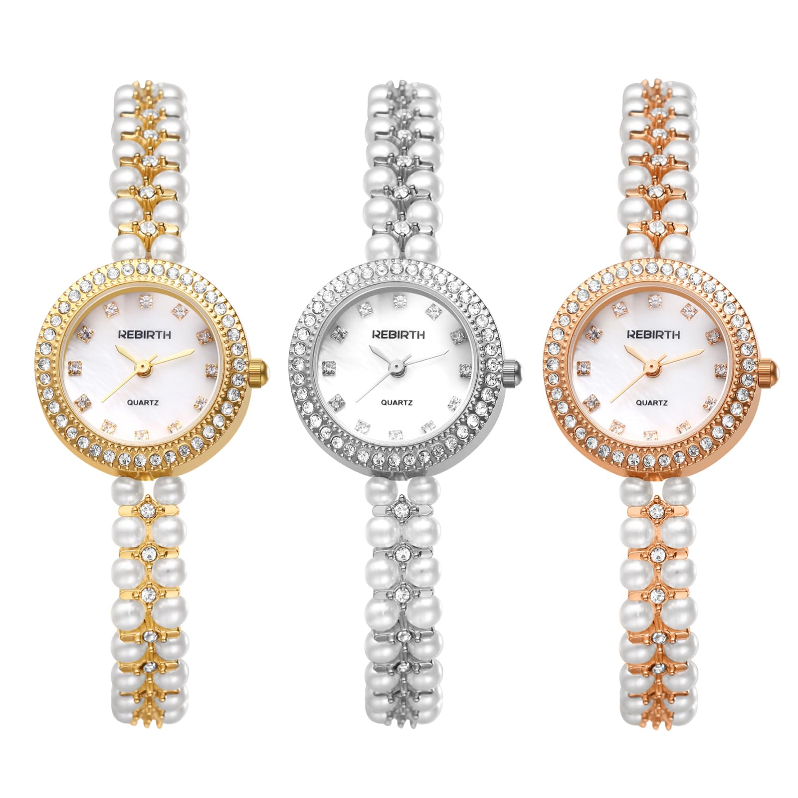 JewelryWe Damenuhr Strass Perlen Uhr 30m Wasserdicht Glitzer Diamant Perlenuhr Damen Analog Quarz Armbanduhr Elegant Klein Rund Lässige Uhr mit schmalem Metallarmband