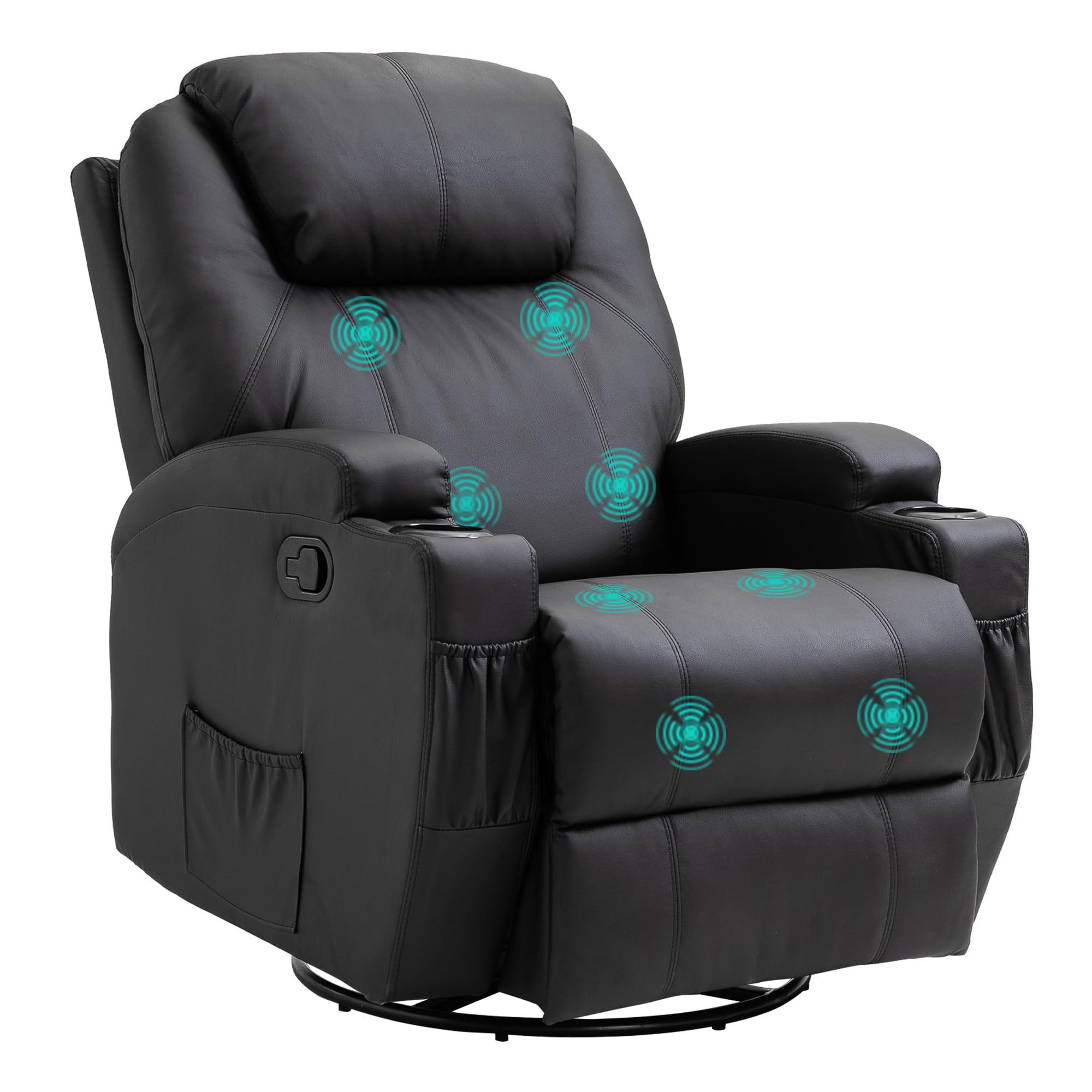 HOMCOM Poltrona Massaggiante Reclinabile Manuale, Poltrona Relax Elettrica Girevole con 2 Portabicchieri, Telecomando, Poggiapiedi e 4 Tasche Laterali, in Pelle PU, Legno e Acciaio, Nero