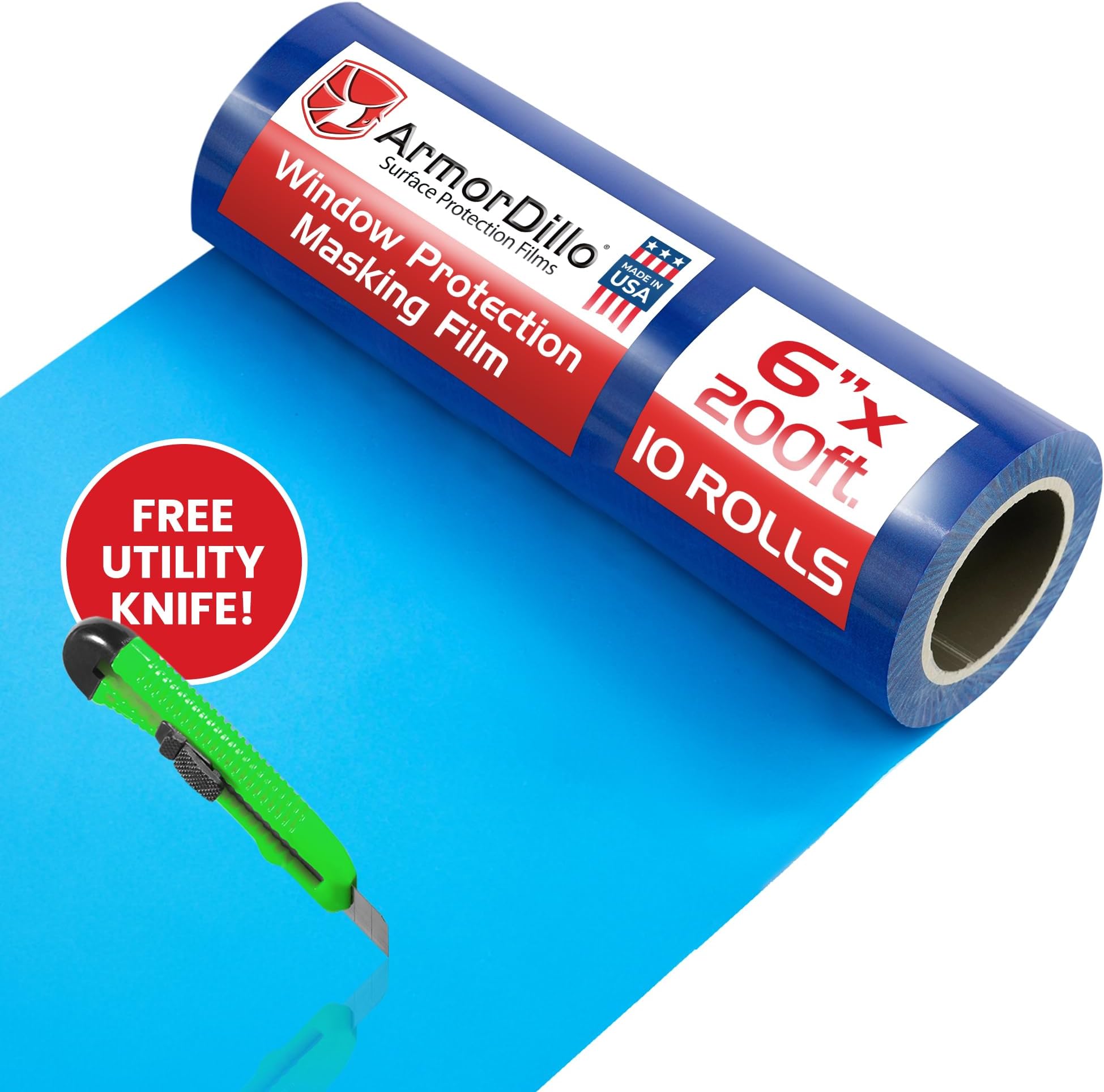 ArmorDillo Blue Window Protection Film 6" x 200' | 14.68 per roll (10 Rolls- 1 case), Surface Protection | Temporary Self-Adhesive Glass Covering, Window Masking, 45-Day UV Resistant Construction Wrap