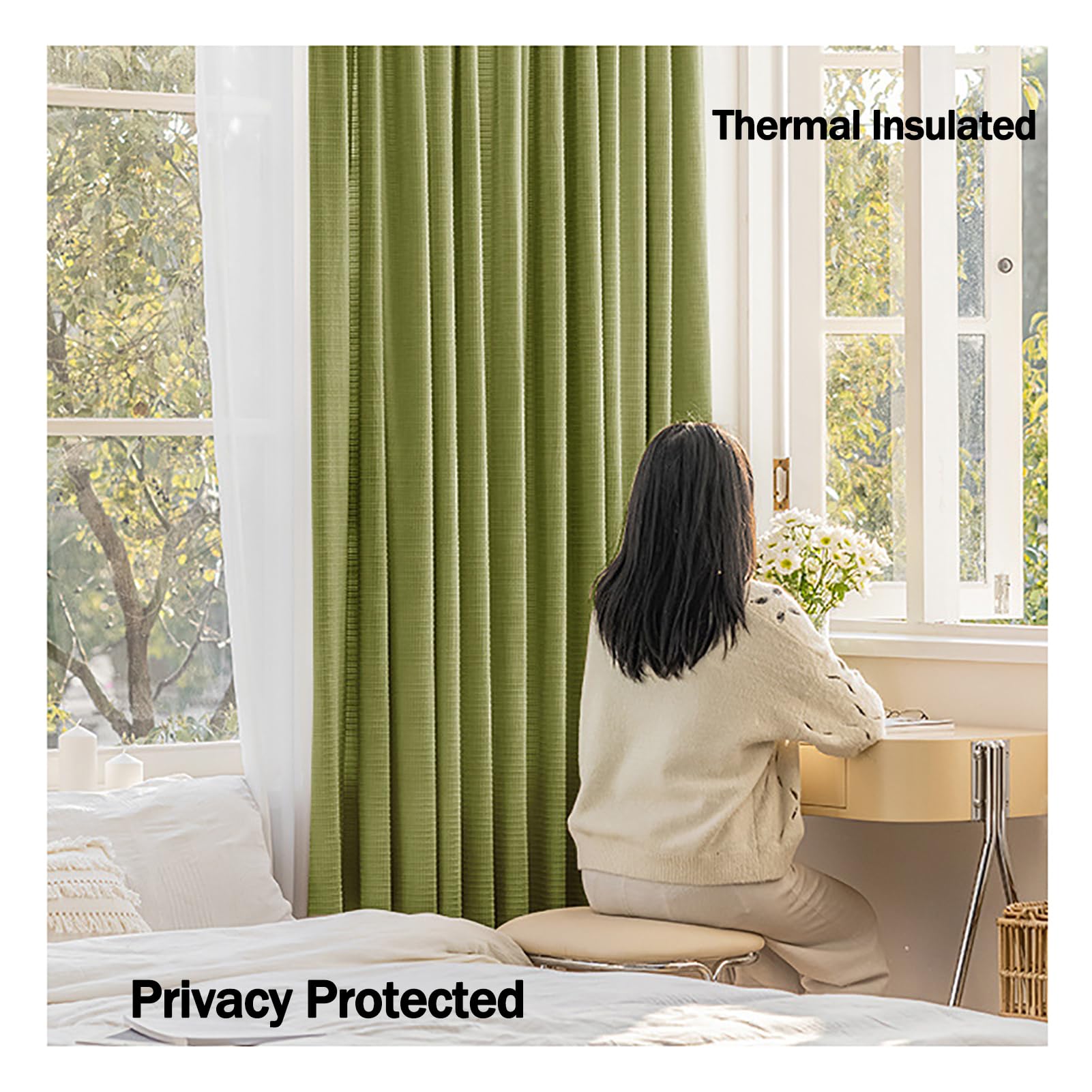 Verde Cortinas Chenille Dormitorio Curtain Opaca Gancho Estilo Japones Curtains Blackout 2 Paneles para Salón Cuarto De Los Niños, W200xL270cm,Green