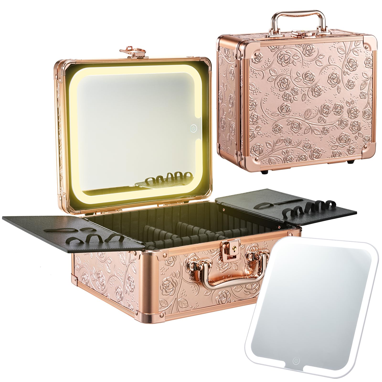 Makeup Case with Magnetic Lighted Mirror Cosmetic Train Box Detachable LED Mirror Adjustable Brightness in 3 Colors Waterproof Storage Organizer
