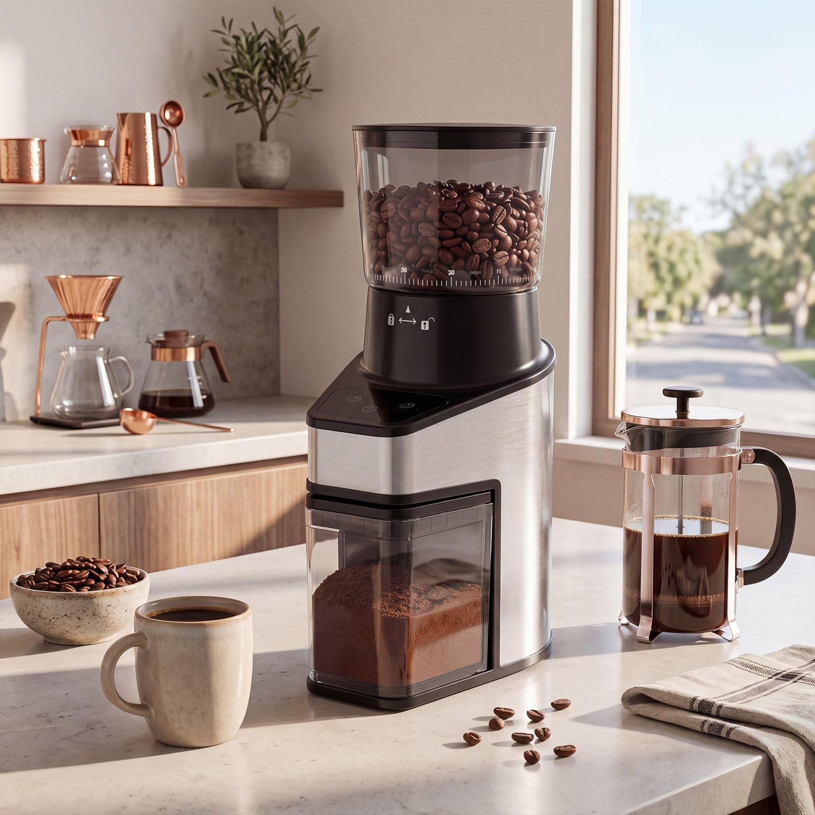 LIFEZEAL Molinillo de café eléctrico con cono, 60 niveles, 1-8 tazas, molinillo eléctrico de 150 W con tolva de 250 g, antiestático, silencioso, para expreso, goteo y prensa francesa, para casa y