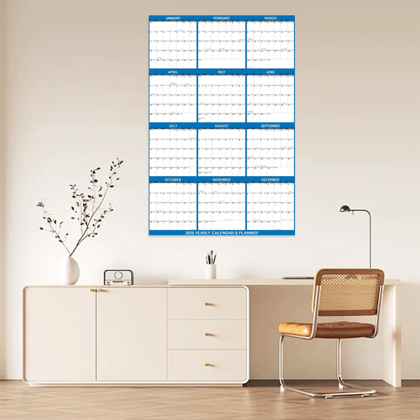 Calendario da parete 2026, 61 x 91,4 cm, cancellabile a secco, da gennaio 2026 a dicembre 2026, 12 mesi, annuale, grande, per ufficio e scuola (blu)