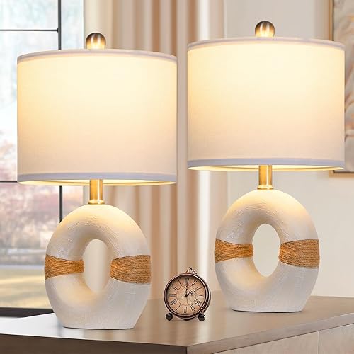 Miniatura 8 de Juego de 2 lámparas de mesa de cerámica blanca moderna de 20.5 pulgadas para dormitorio, sala de estar, escritorio, lámparas de noche pequeñas con