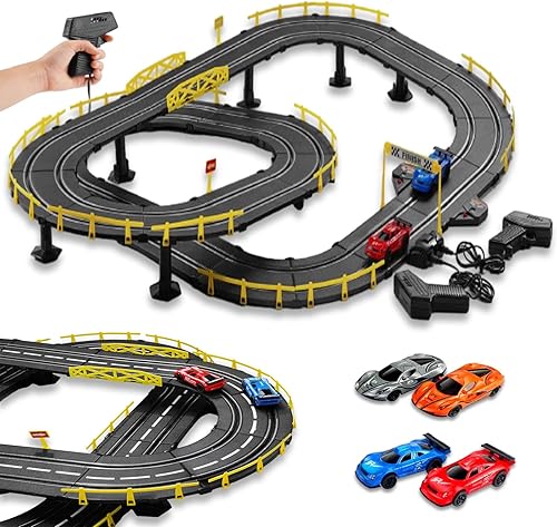 Juego de pistas de autos de carreras eléctricos, 13 pies pequeños de tragamonedas para niños y niñas principiantes, 4 autos de ranura a escala 143