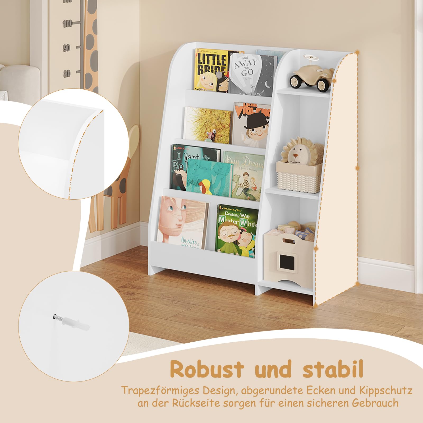 Lestarain Bücherregal Kinder, Montessori Kinderregal, Spielzeugregal, mit 4 Regalebenen und 3 Fächern, offenes Standregal Aufbewahrungsregal, für Kinderzimmer Spielzimmer, Weiß, 75x90x34,5 cm